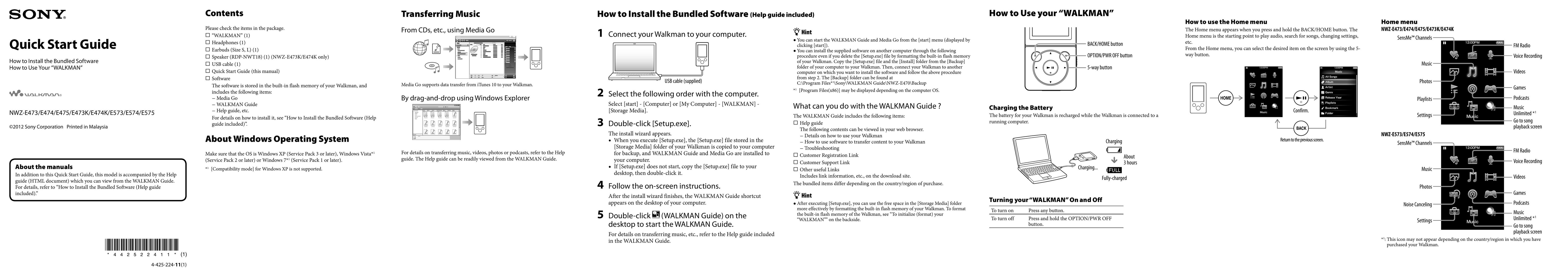 Sony NWZ-E473K Portable Multimedia Player User Manual