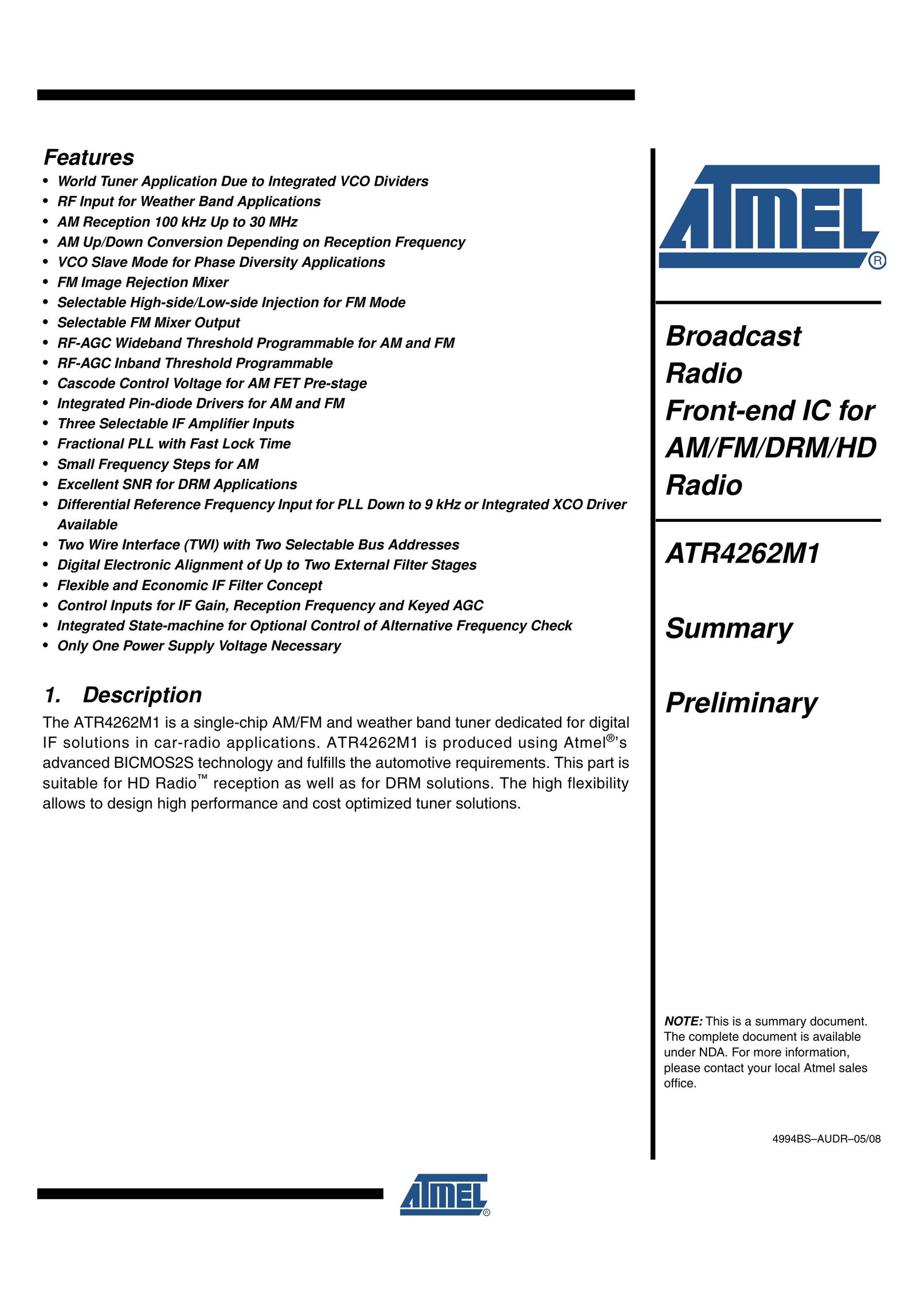 Atmel ATR4262M1 Portable Radio User Manual