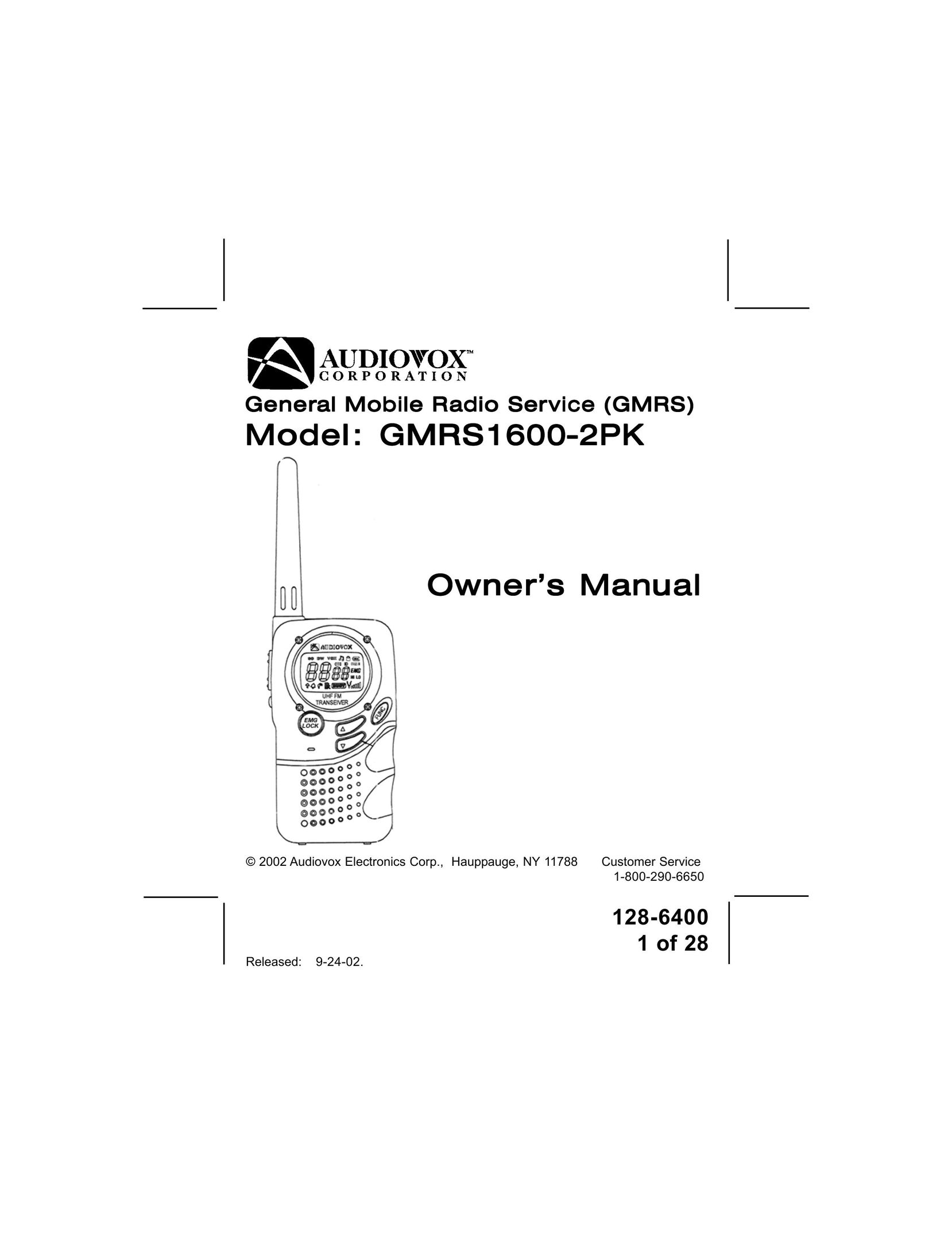 Audiovox GMRS1600-2PK Portable Radio User Manual