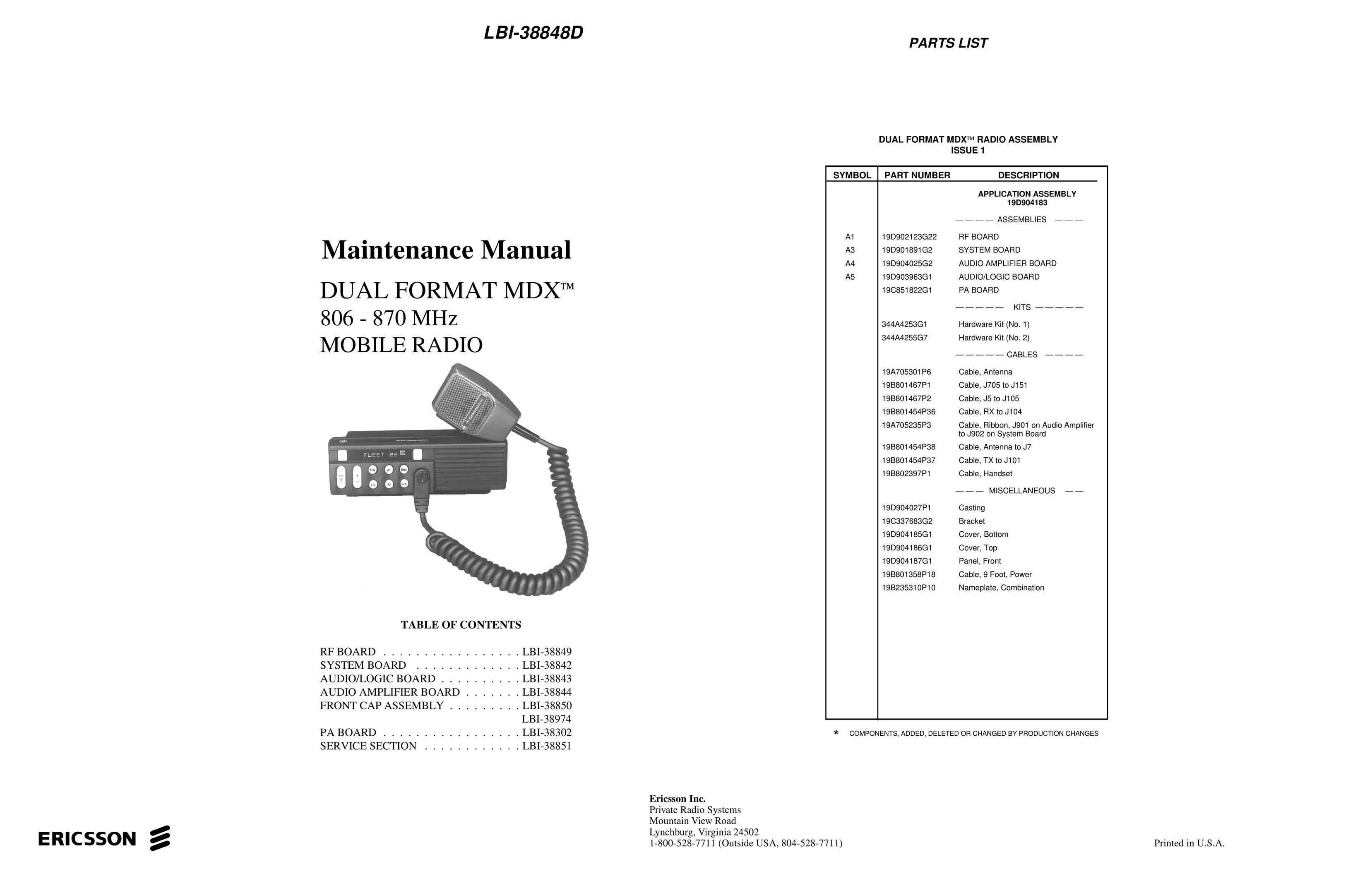 Ericsson LBI-38848D Portable Radio User Manual