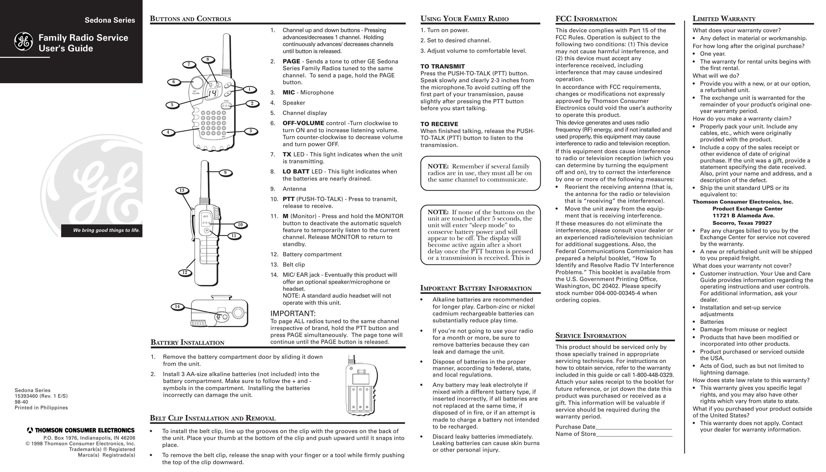 GE Sedona Series Portable Radio User Manual