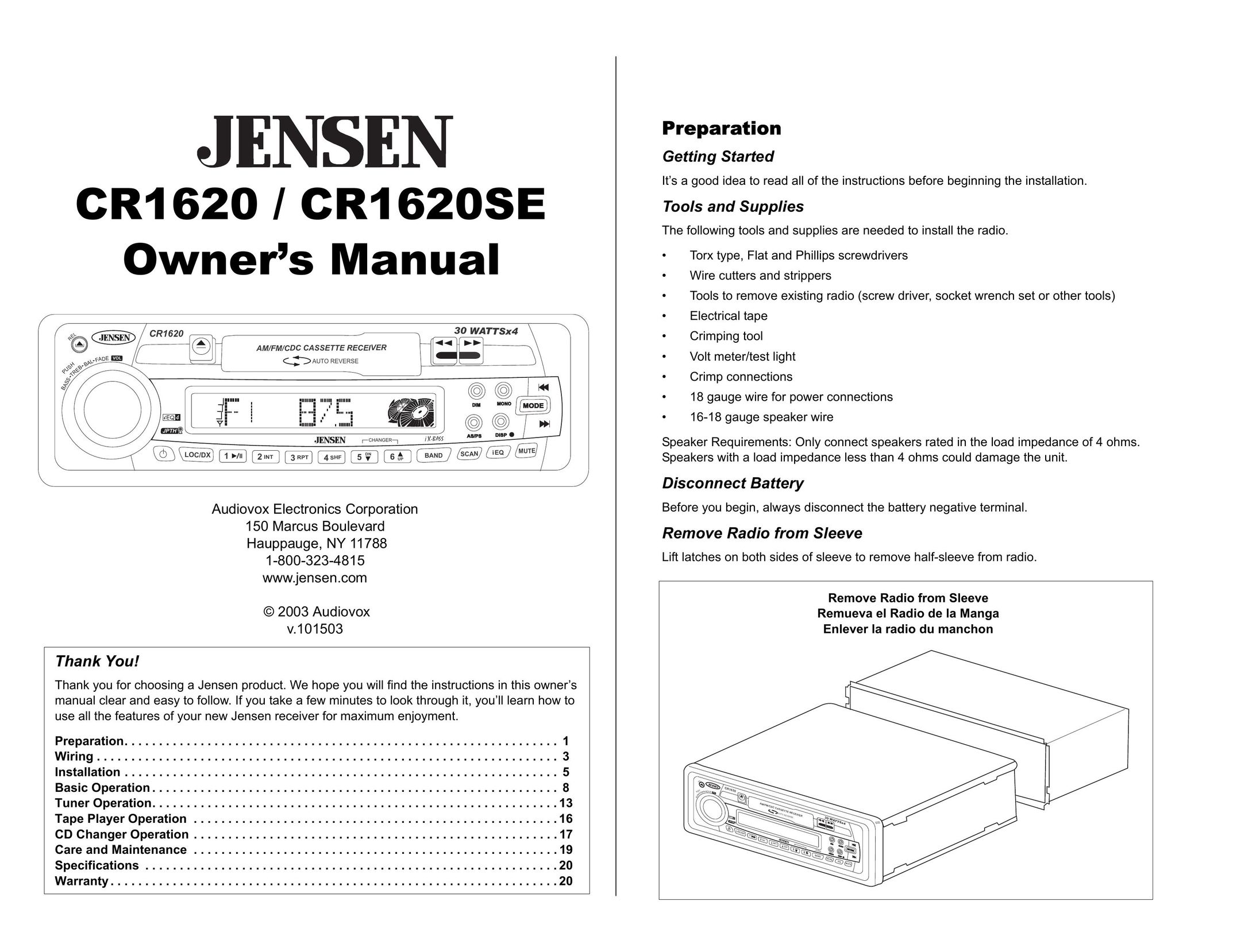Jensen CR1620 Portable Radio User Manual