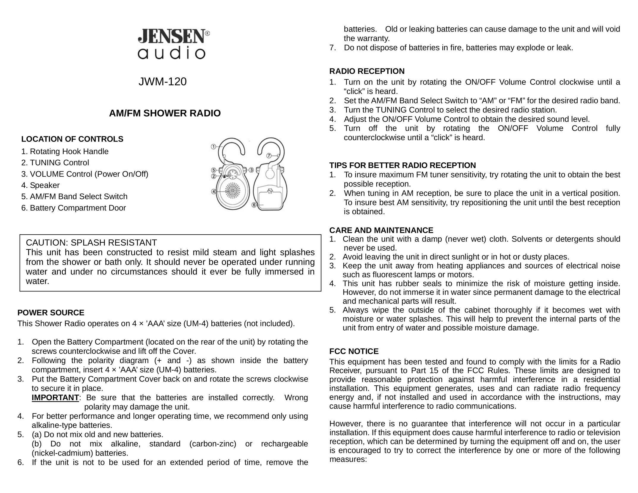 Jensen JWM-120 Portable Radio User Manual