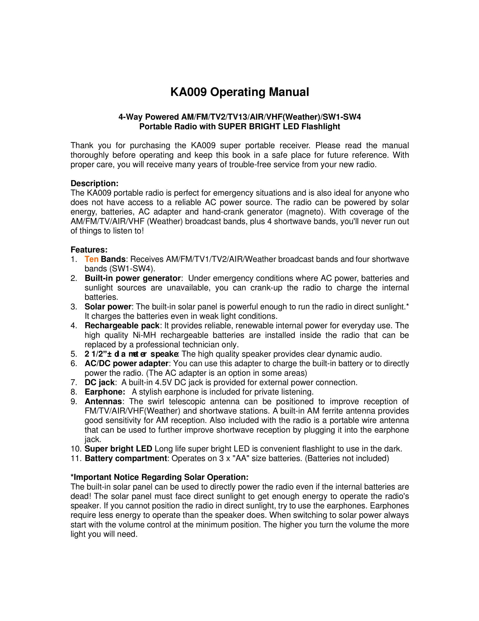 Kaito electronic KA009 Portable Radio User Manual
