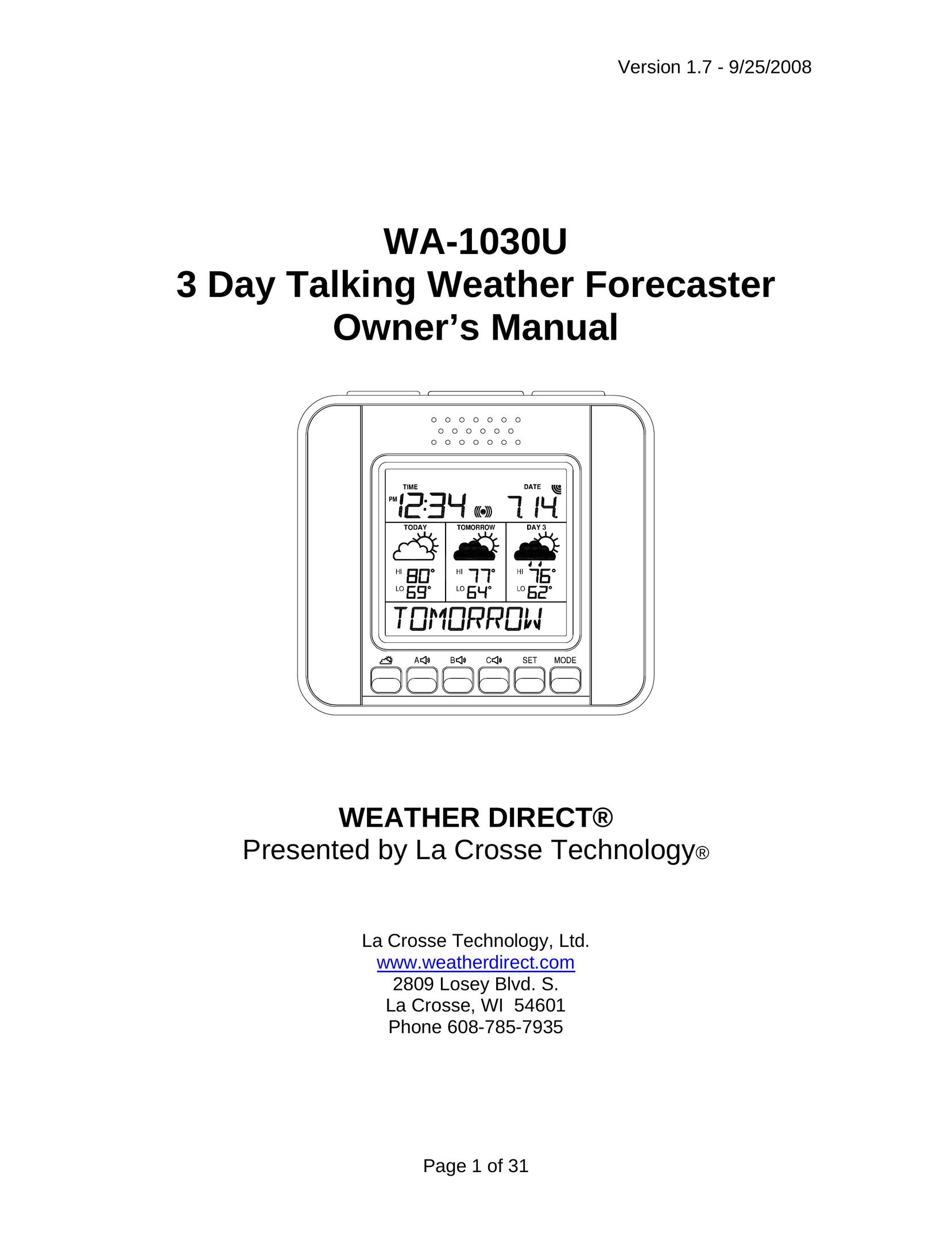 La Crosse Technology WA-1030U Portable Radio User Manual