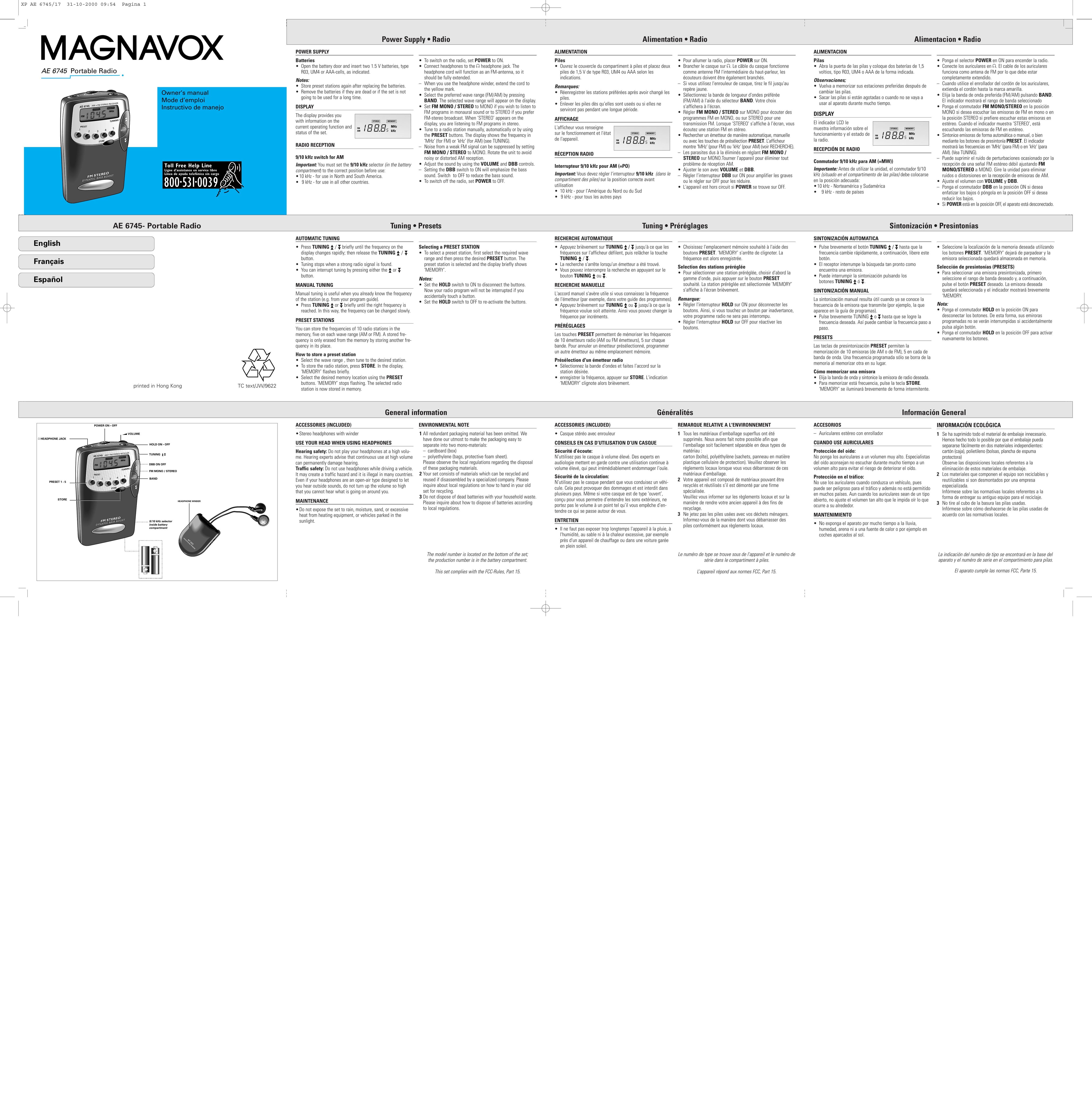 Magnavox AE 6745 Portable Radio User Manual