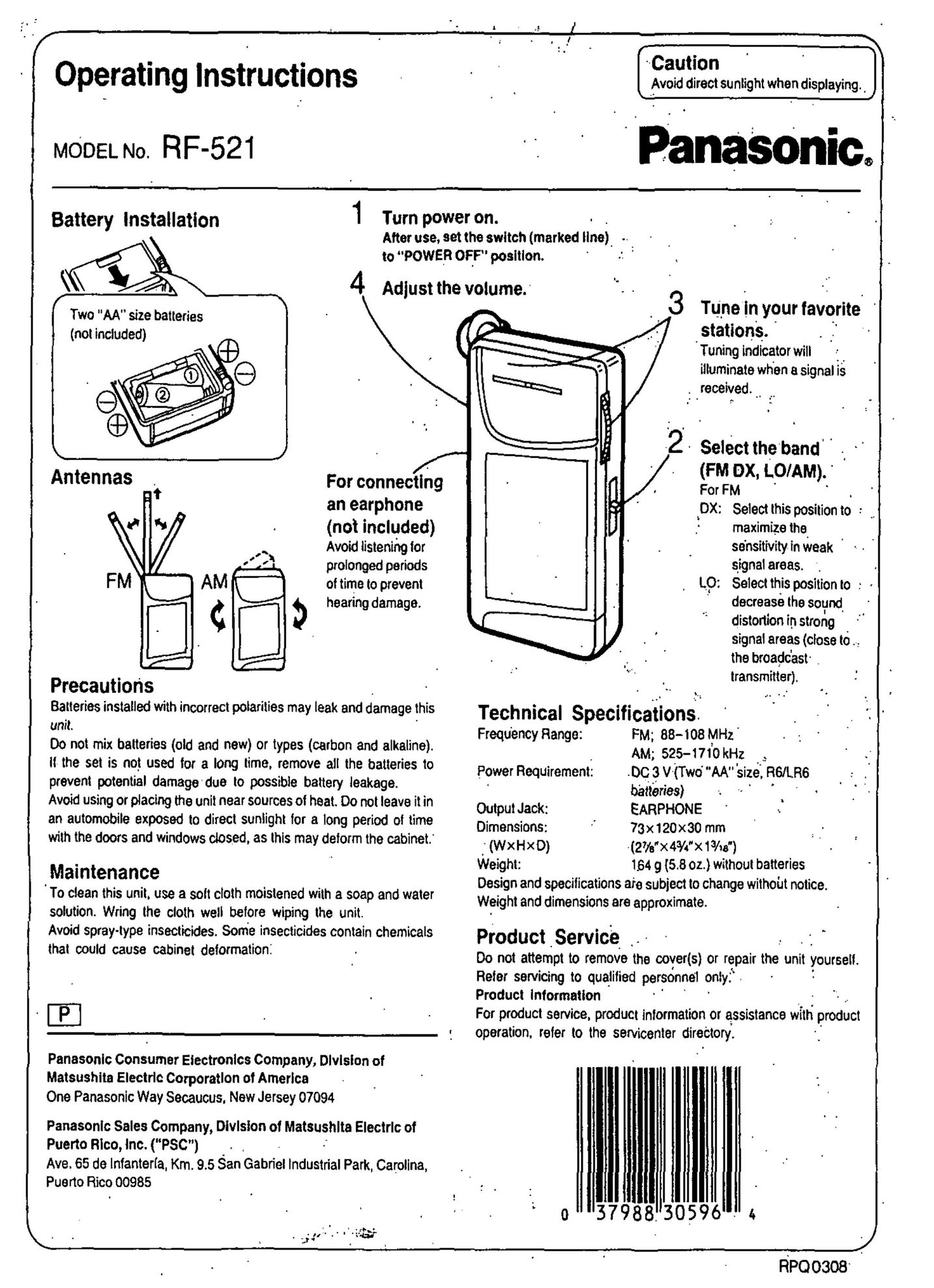 Panasonic RF-521 Portable Radio User Manual