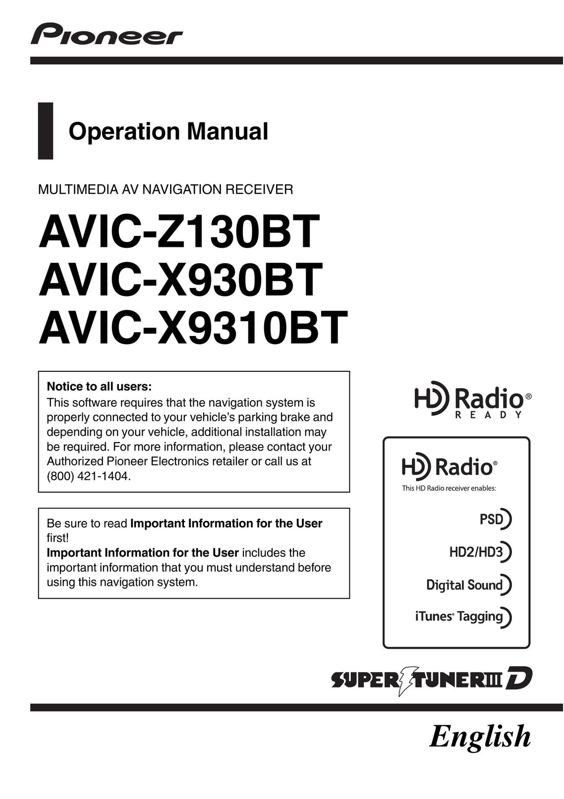 Pioneer AVIC-X930BT Portable Radio User Manual