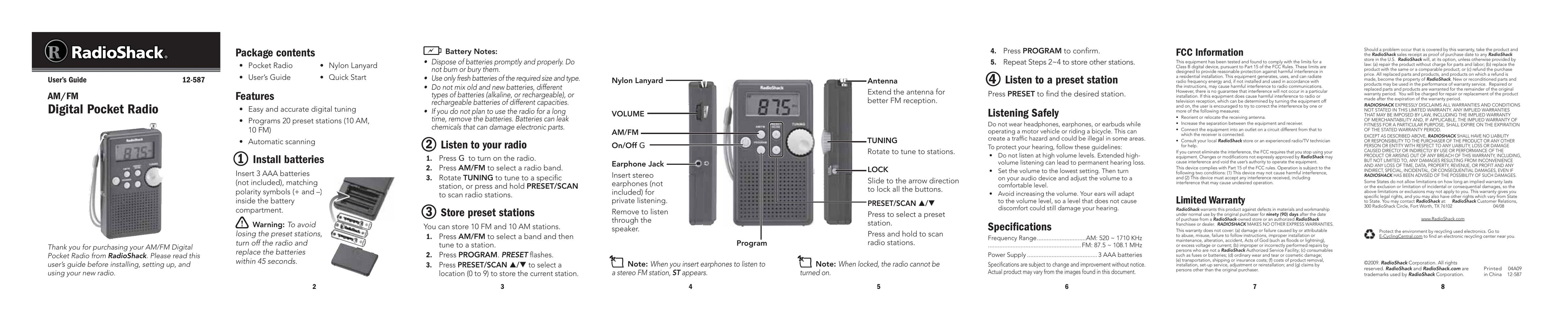 Radio Shack 12-587 Portable Radio User Manual