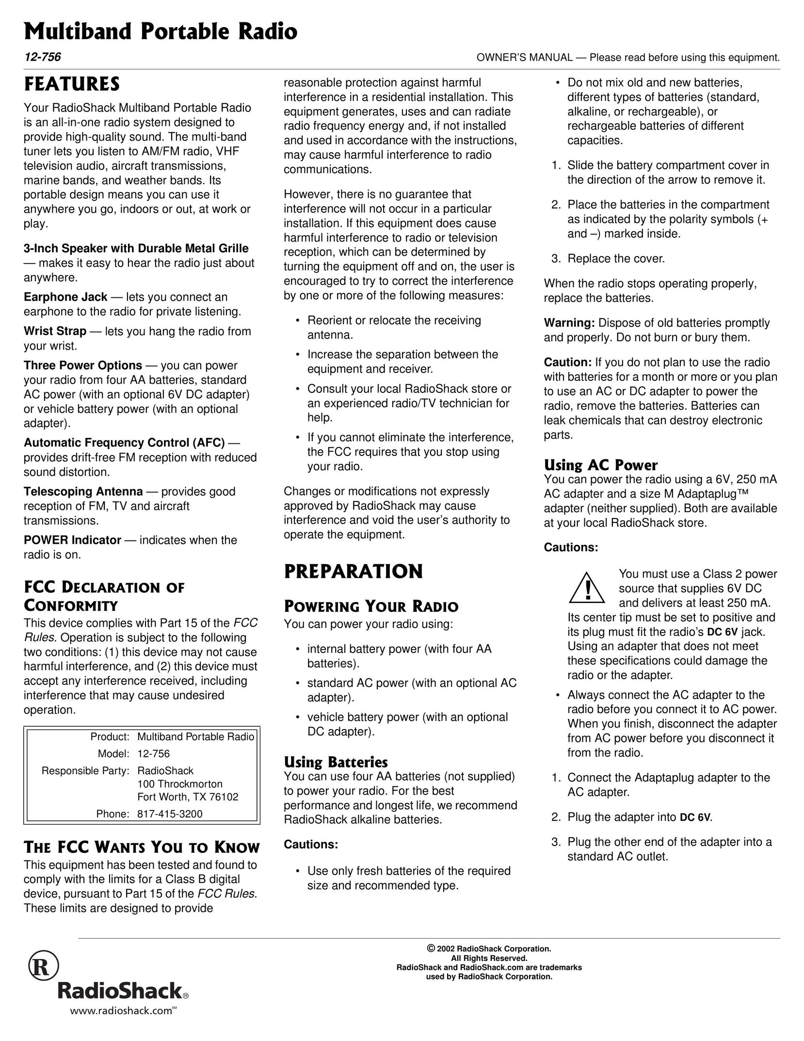 Radio Shack 12-756 Portable Radio User Manual