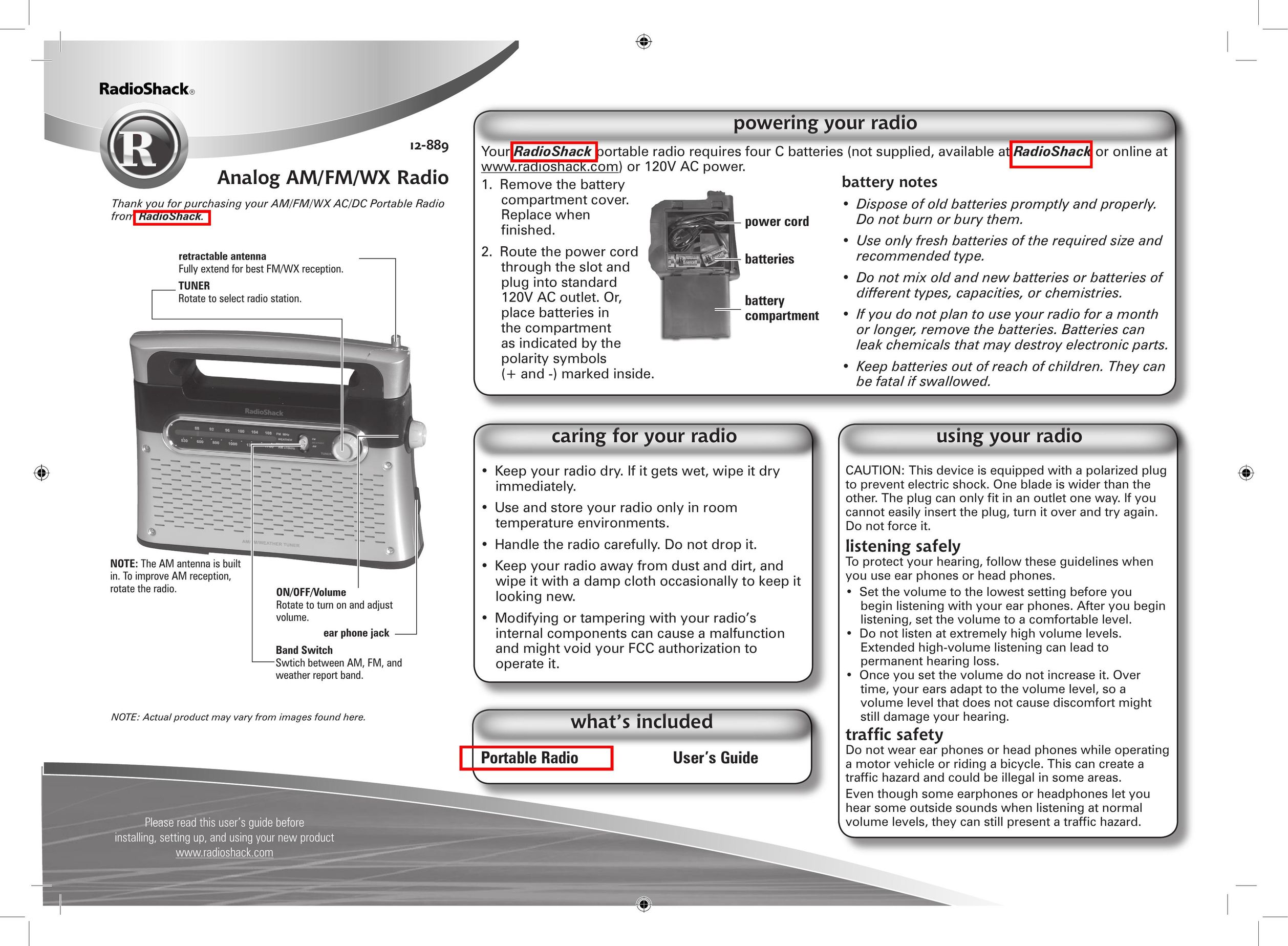 Radio Shack 12-889 Portable Radio User Manual