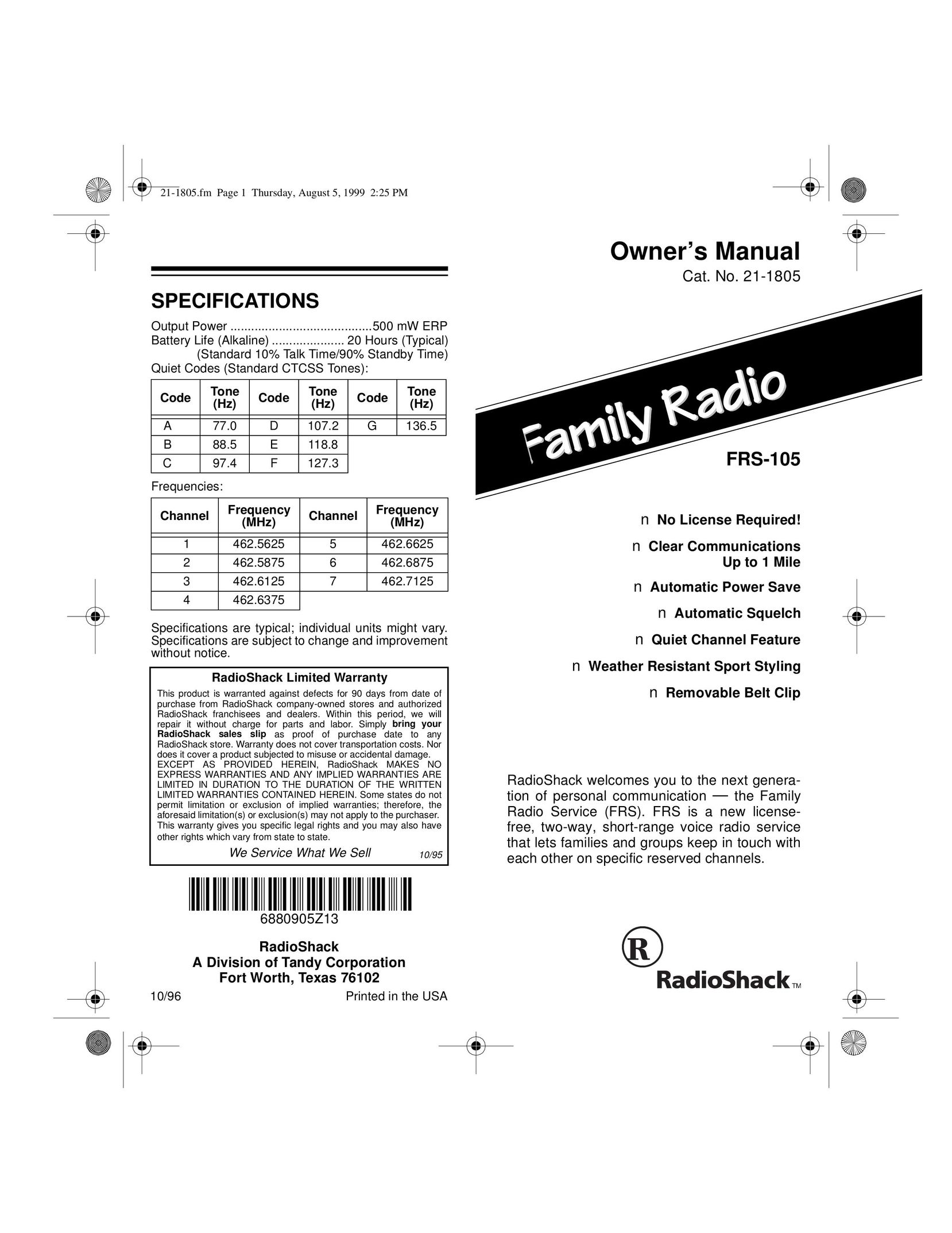 Radio Shack FRS-105 Portable Radio User Manual