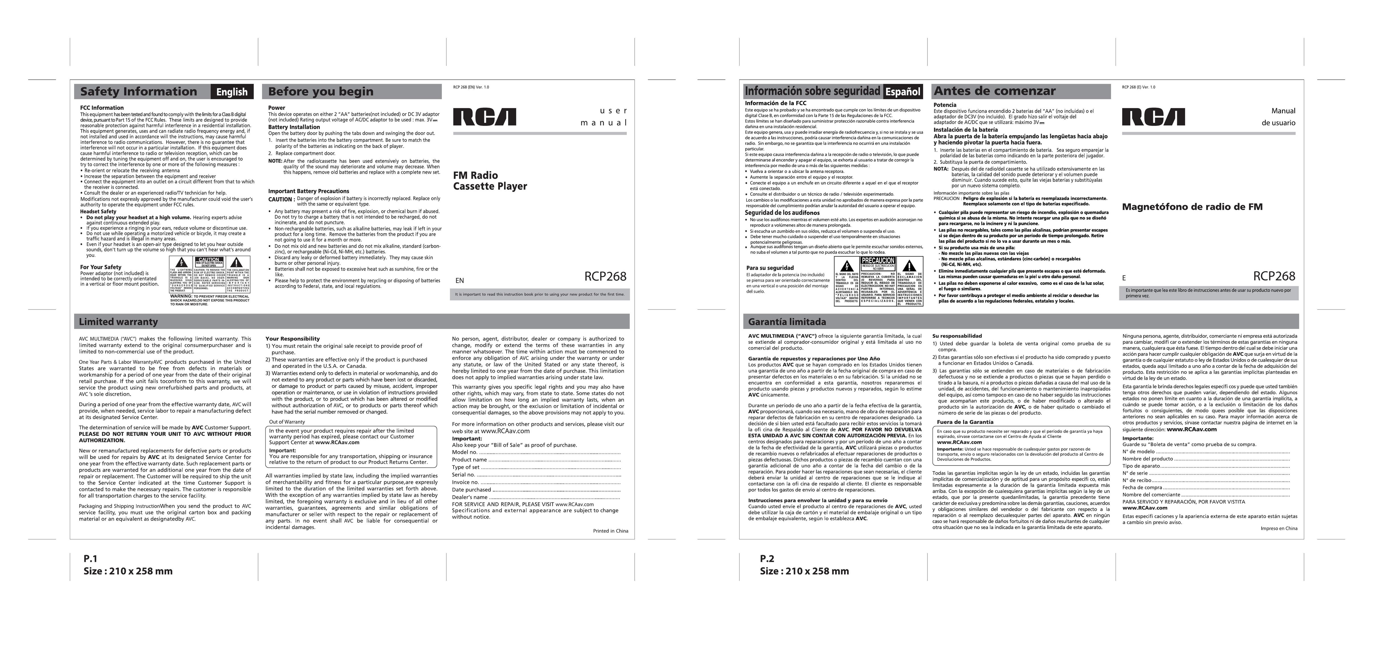 RCA RCP268 Portable Radio User Manual