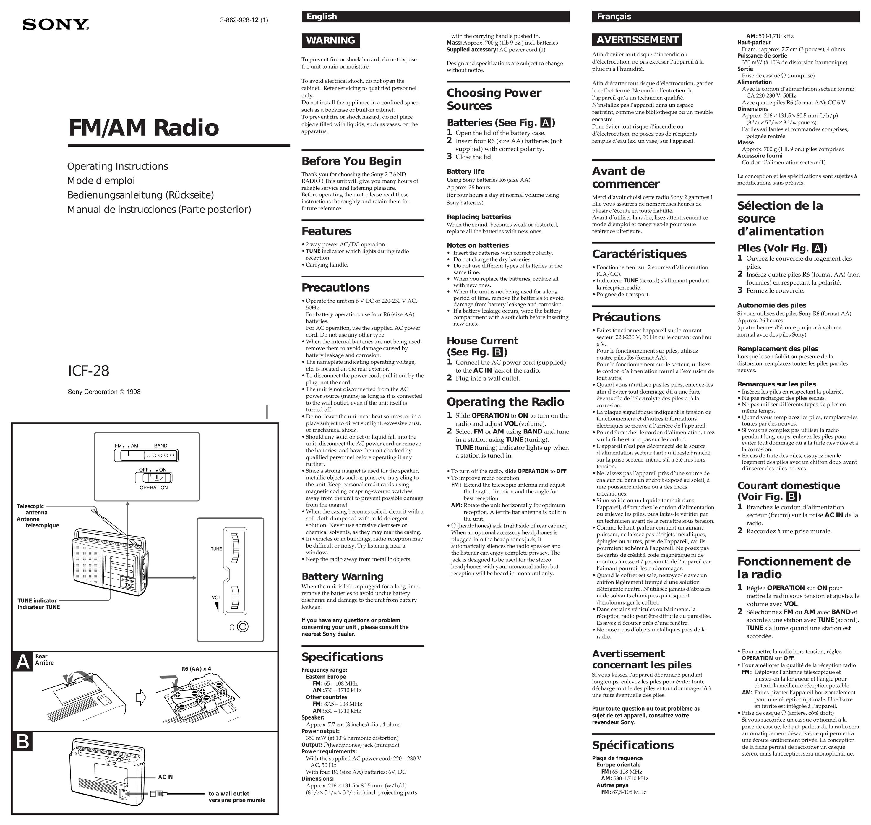 Sony ICF-28 Portable Radio User Manual