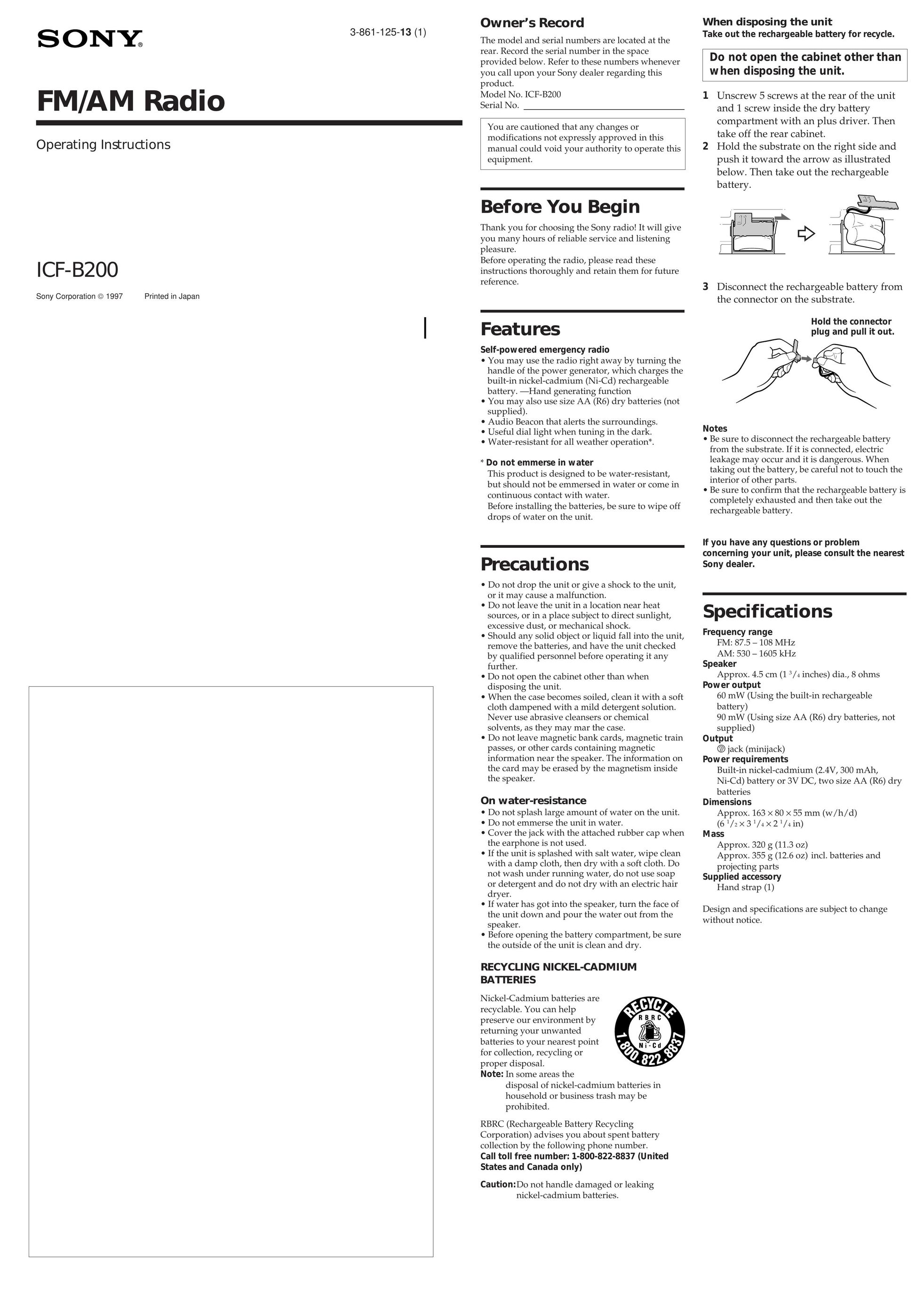 Sony ICF-B200 Portable Radio User Manual