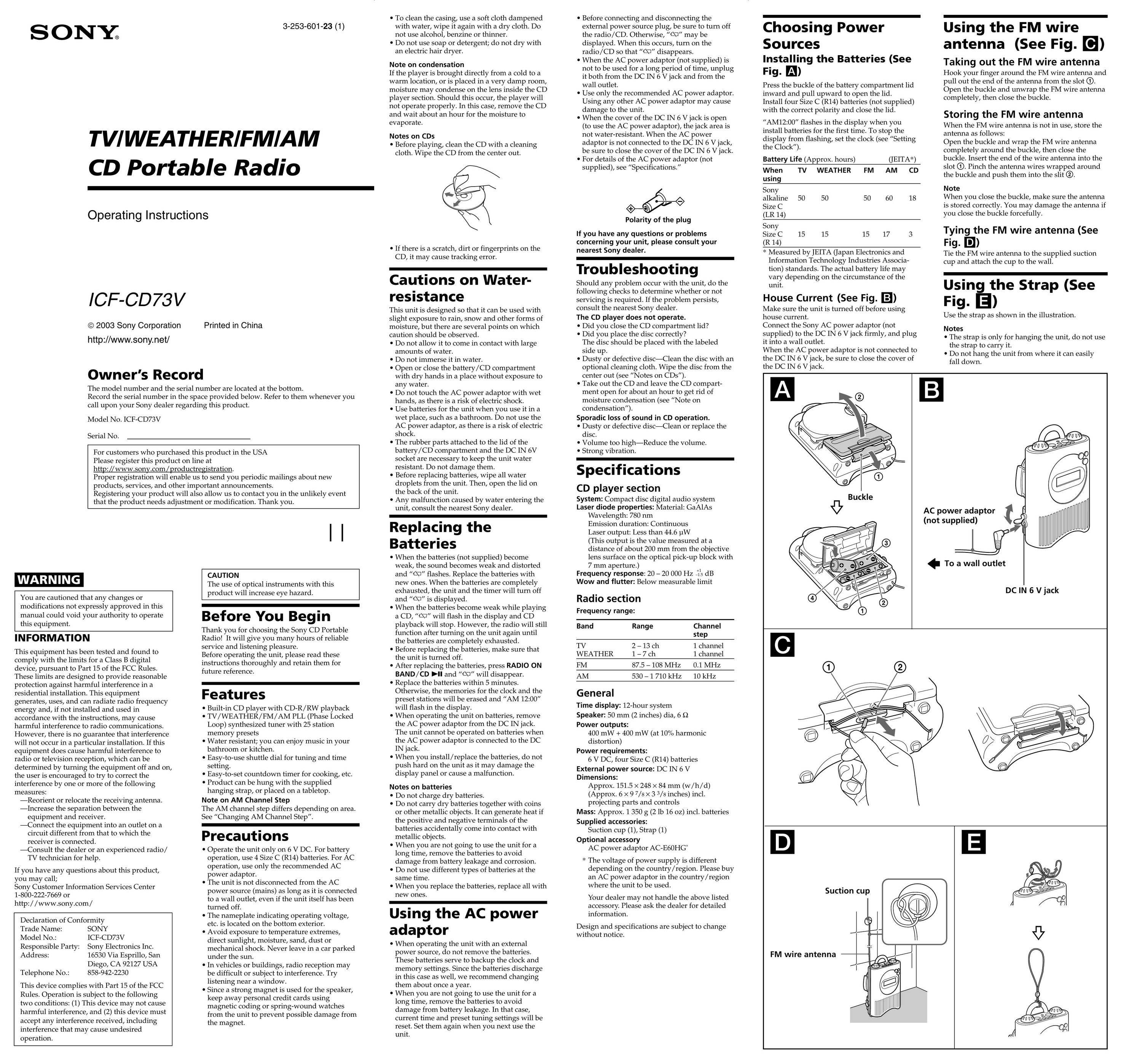 Sony ICF-CD73V Portable Radio User Manual