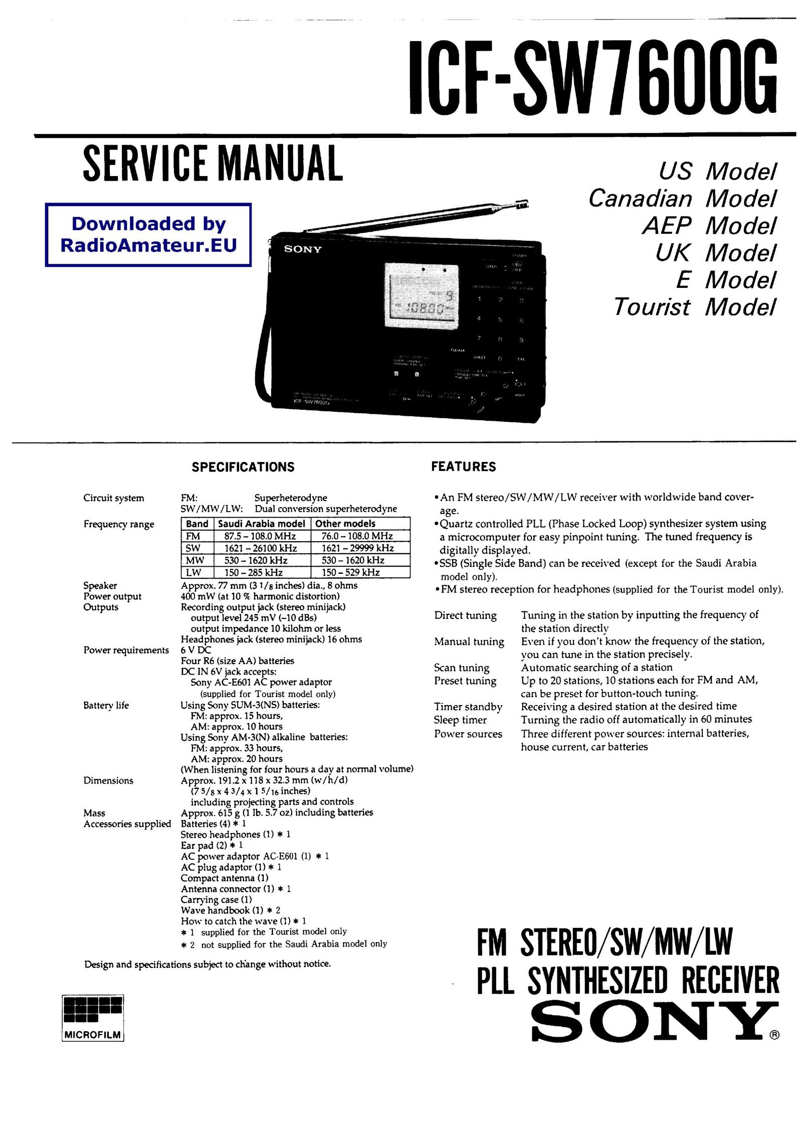 Sony ICF-SW7600G Portable Radio User Manual