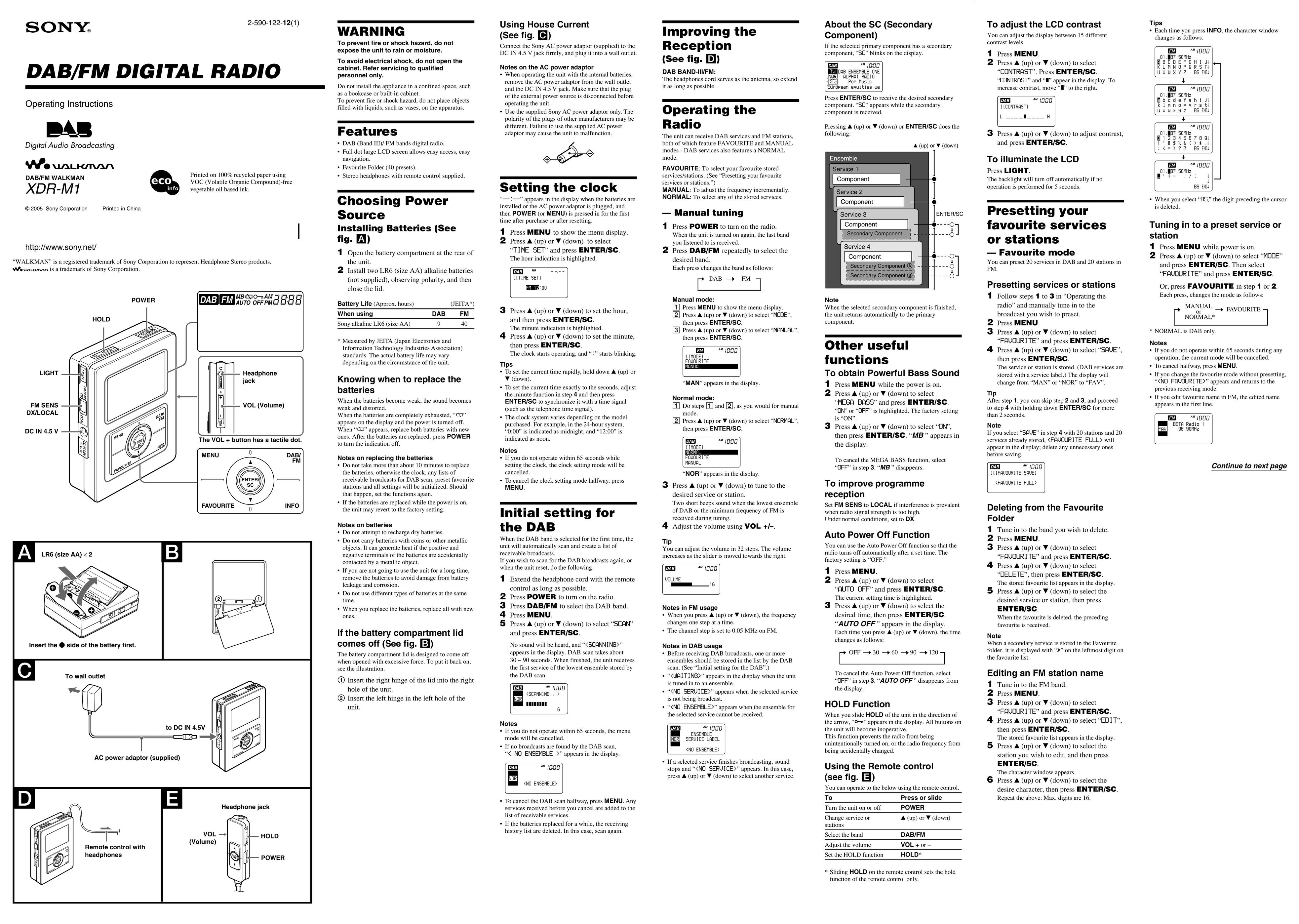 Sony XDR-M1 Portable Radio User Manual