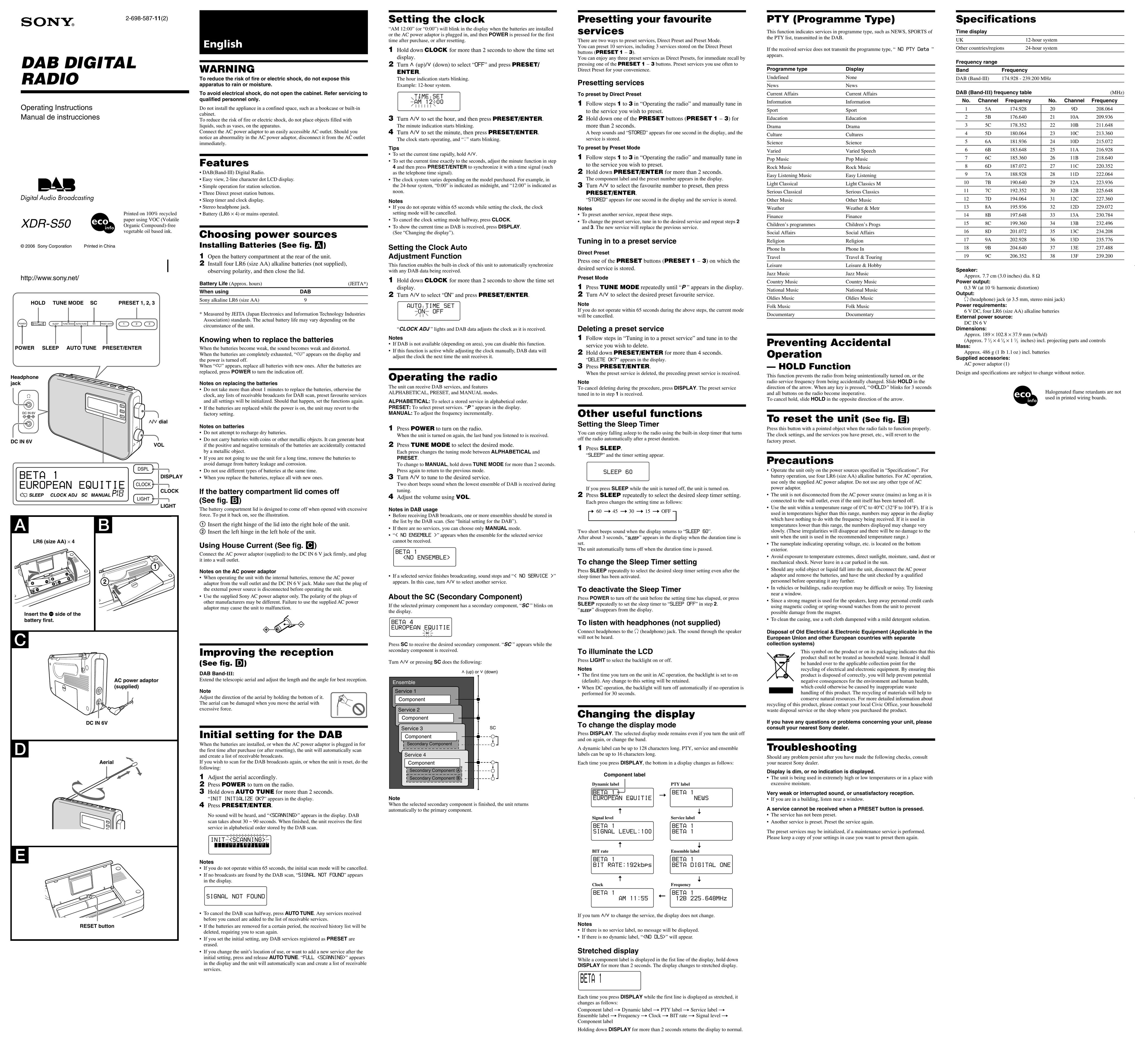 Sony XDR-S50 Portable Radio User Manual