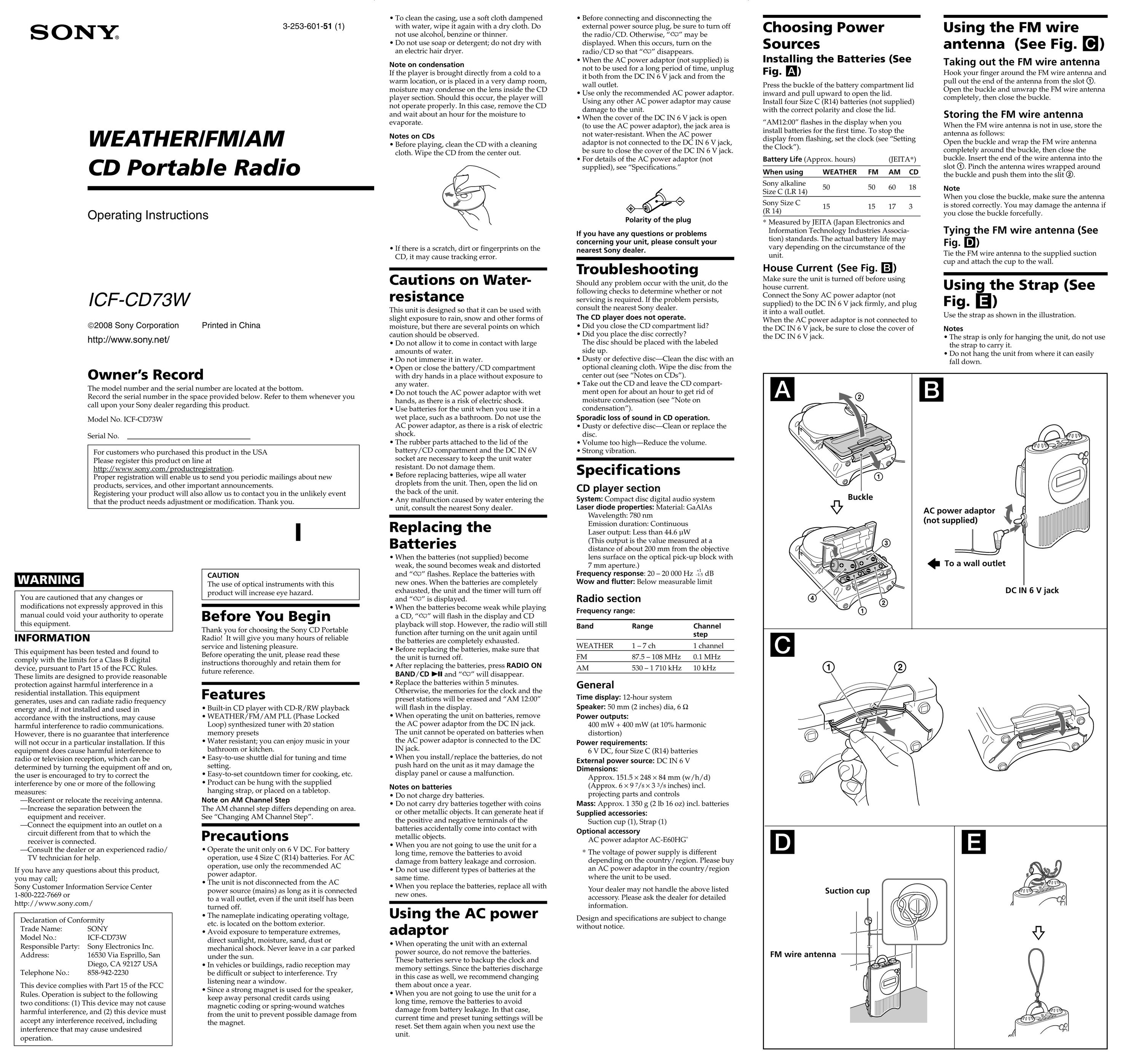 Sony Ericsson ICF-CD73W Portable Radio User Manual