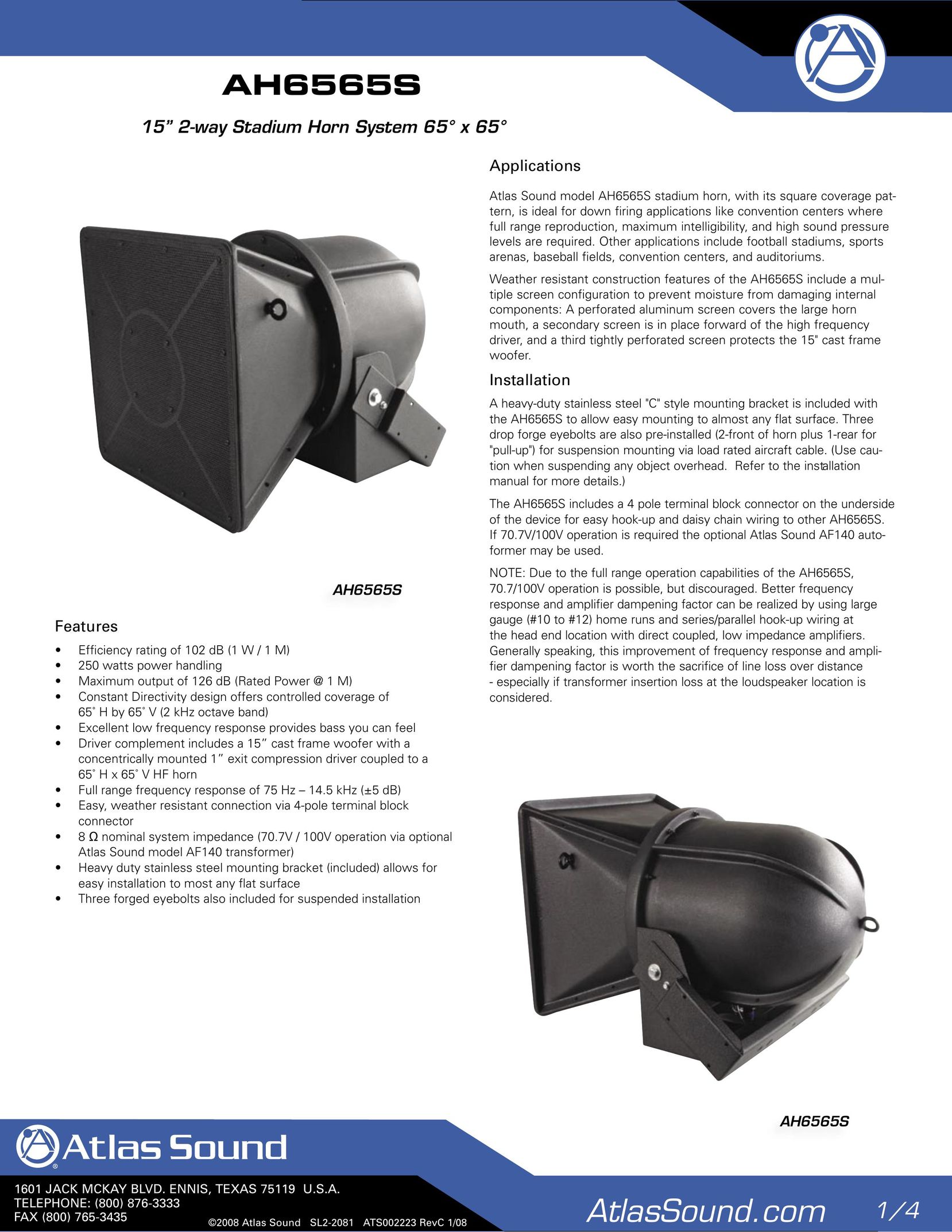 Atlas Sound AH6565S Portable Speaker User Manual