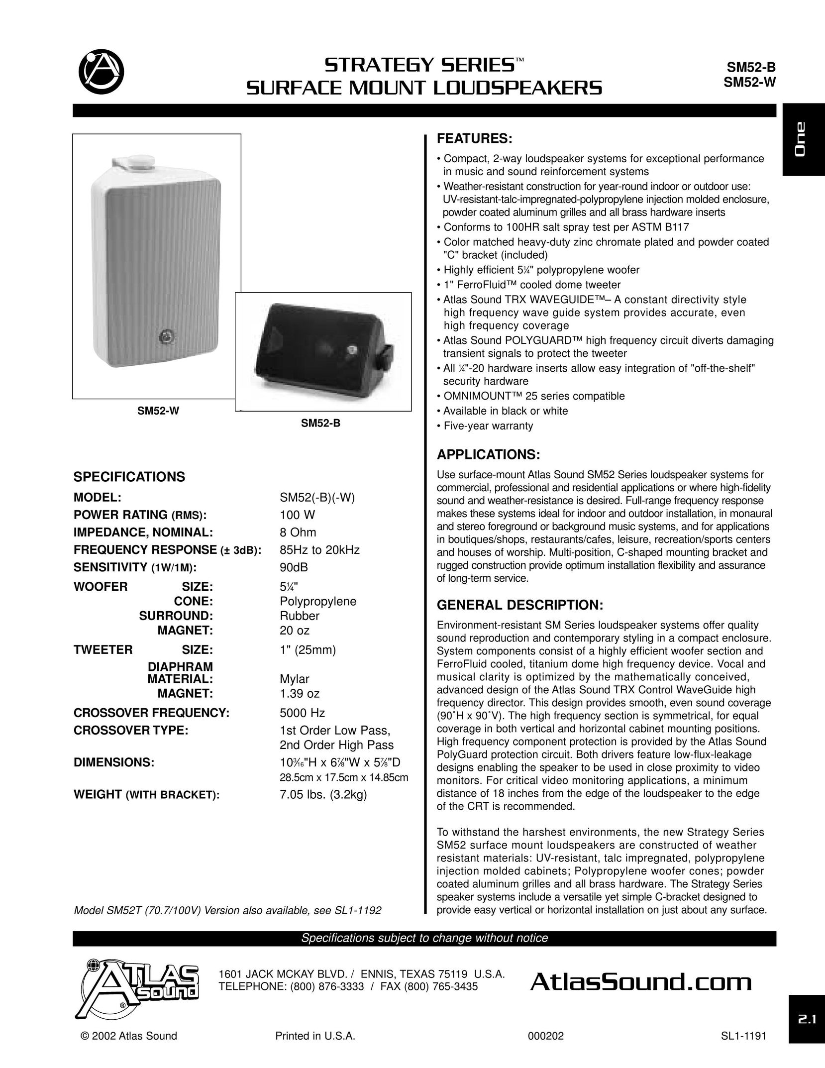 Atlas Sound SM52-W Portable Speaker User Manual
