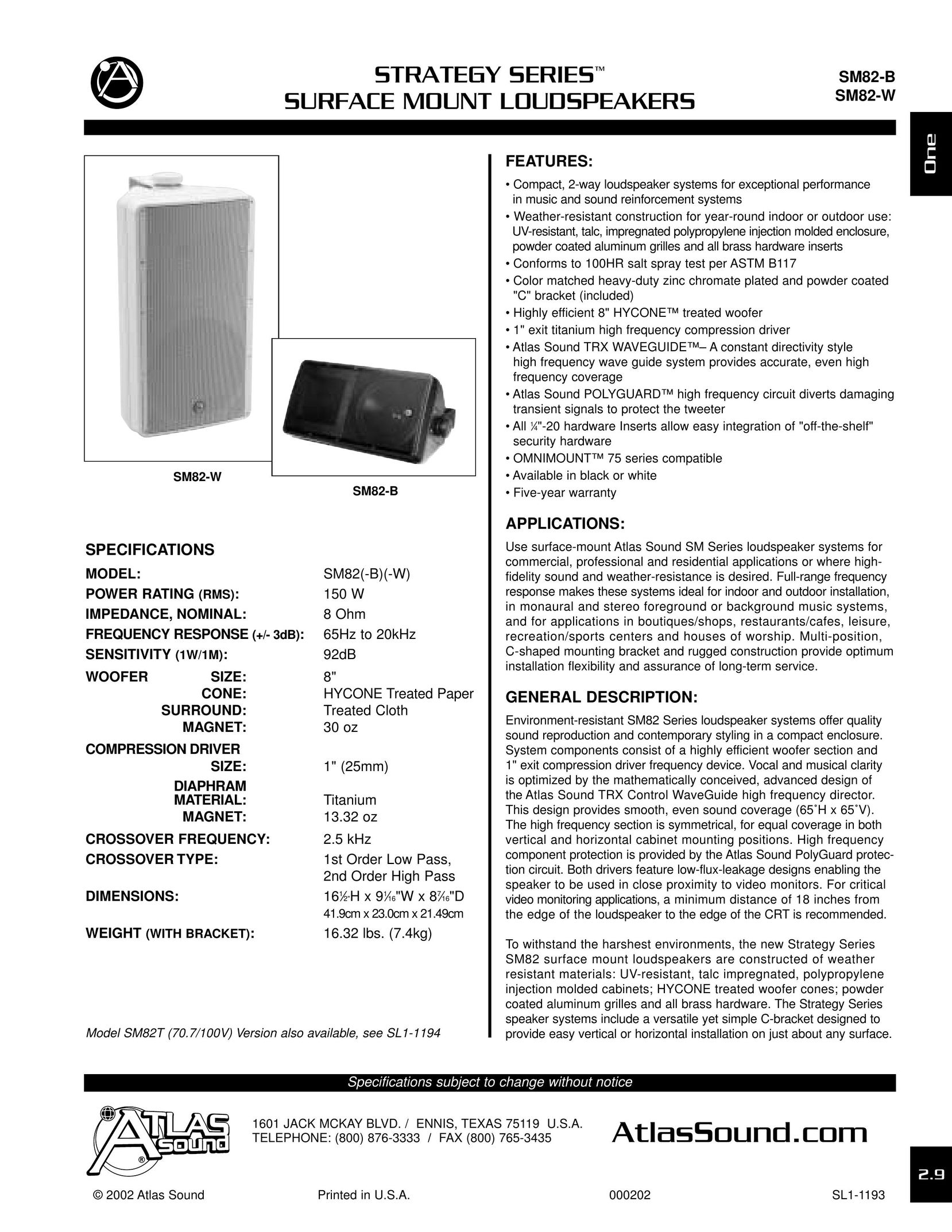 Atlas Sound SM82-W Portable Speaker User Manual
