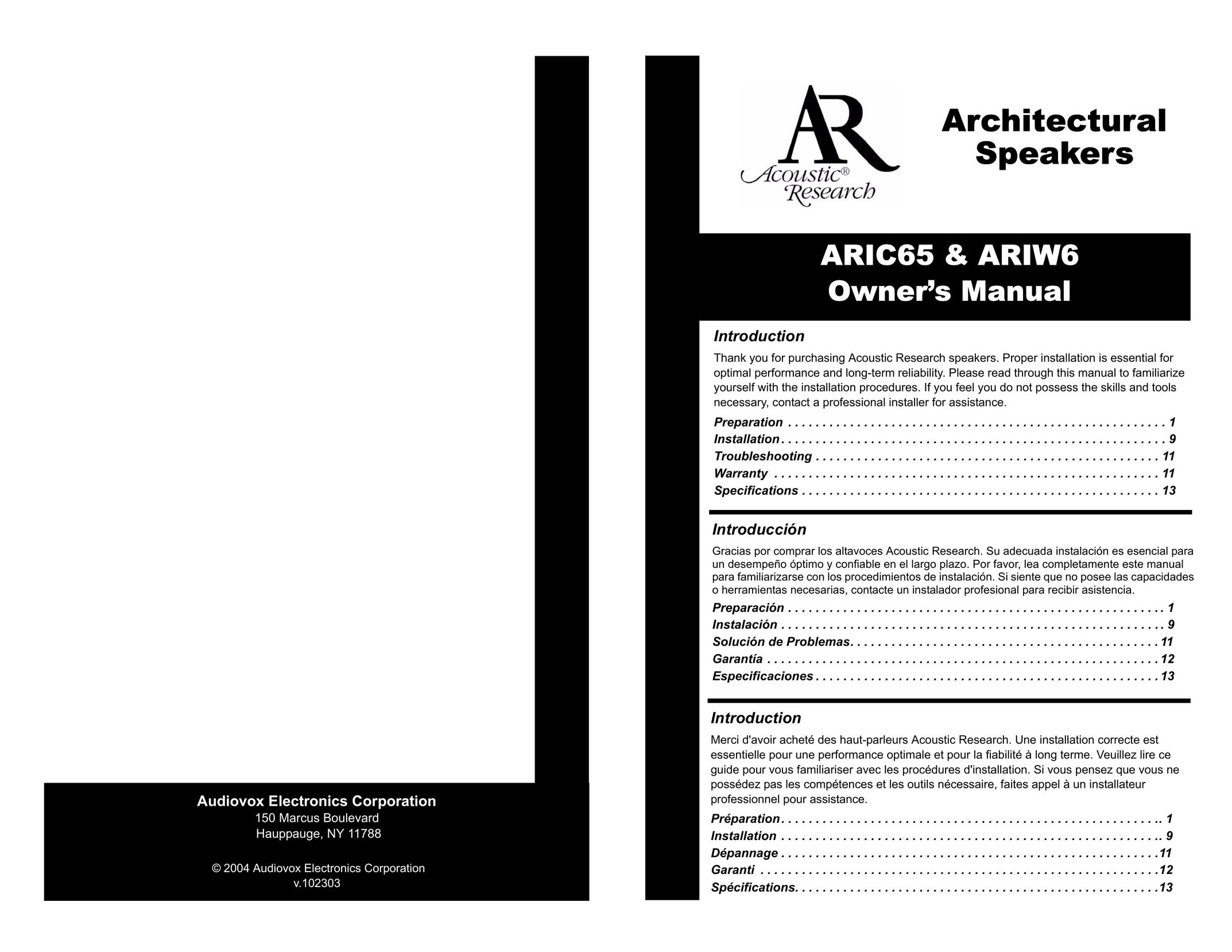 Audiovox ARIW6 Portable Speaker User Manual