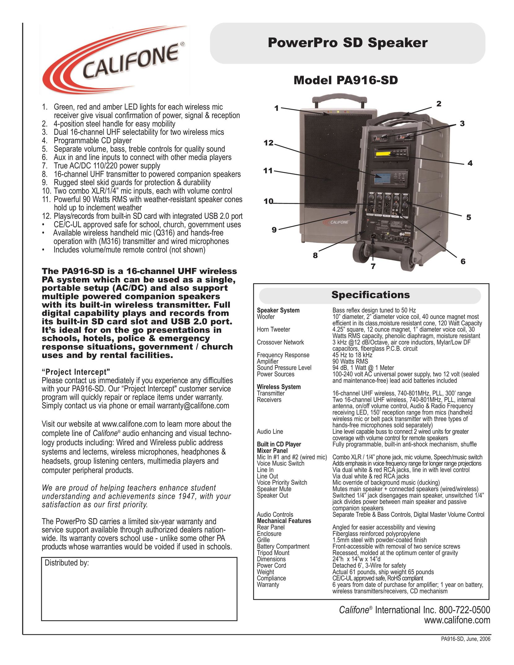 Califone PA916-SD Portable Speaker User Manual