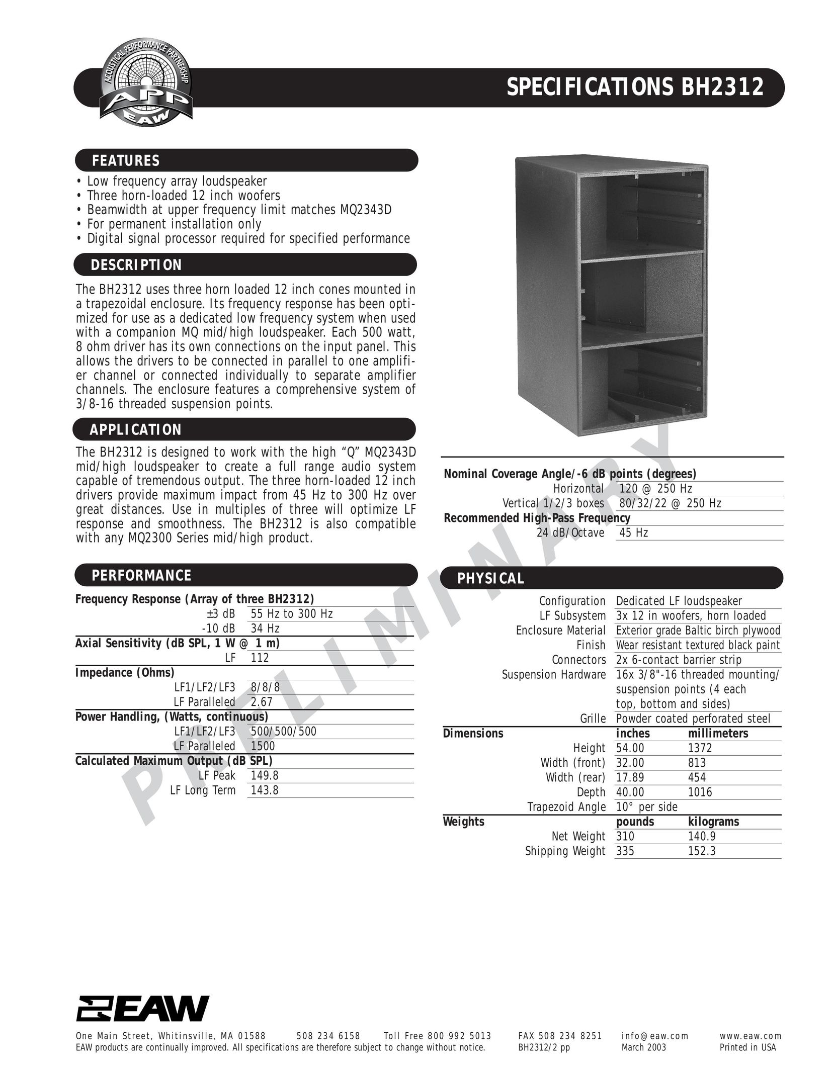 EAW BH2312 Portable Speaker User Manual