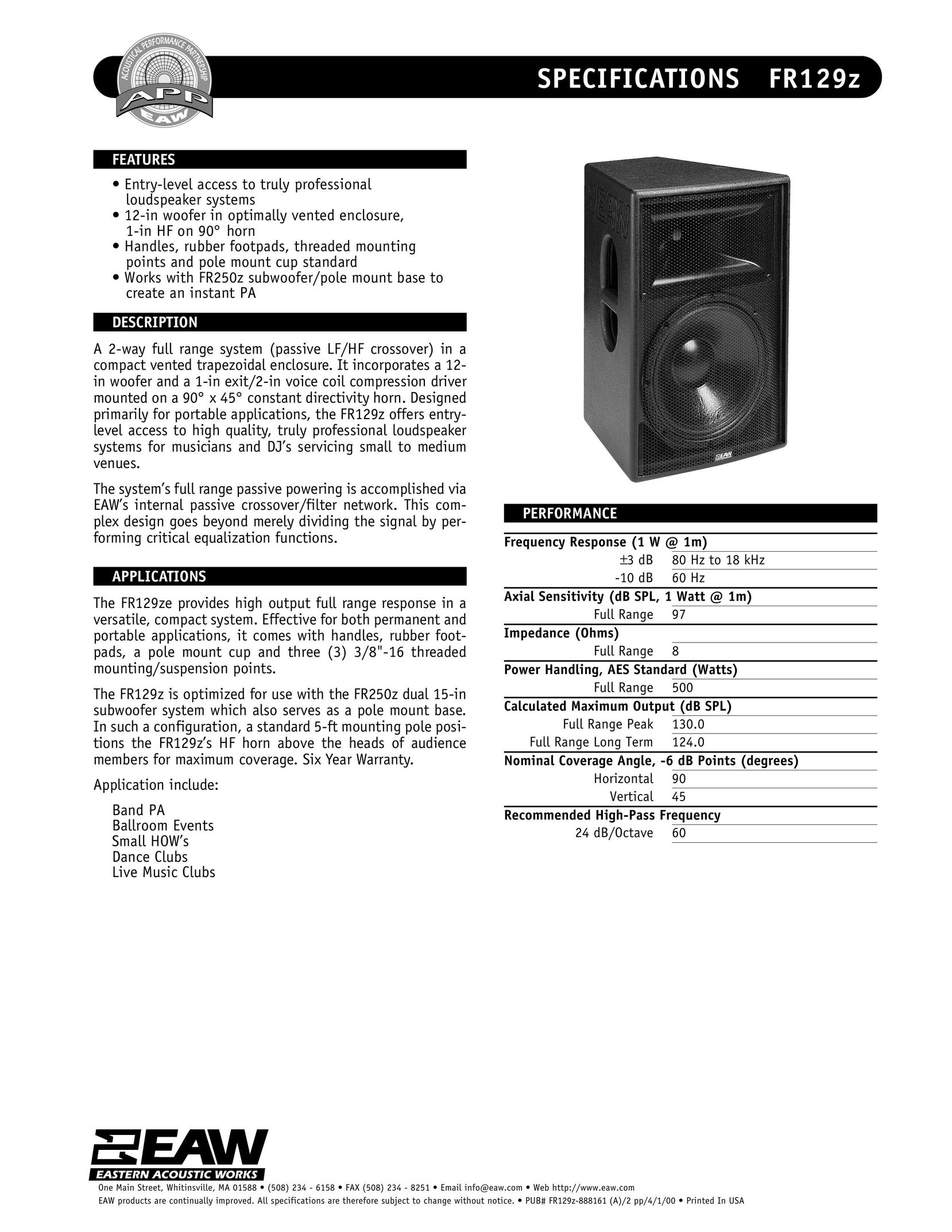 EAW FR129z Portable Speaker User Manual