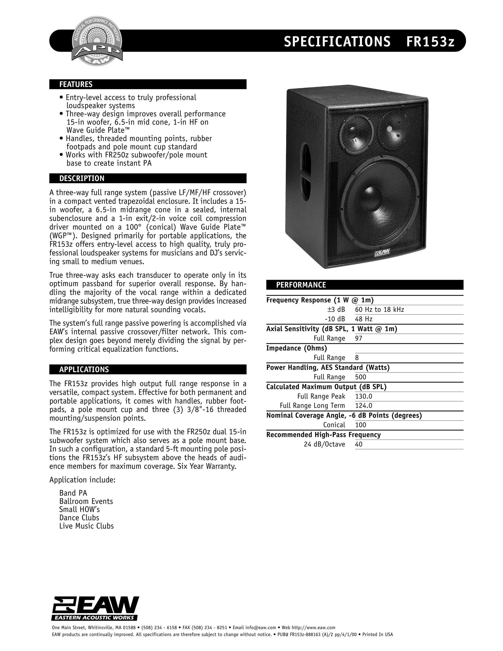 EAW FR153z Portable Speaker User Manual