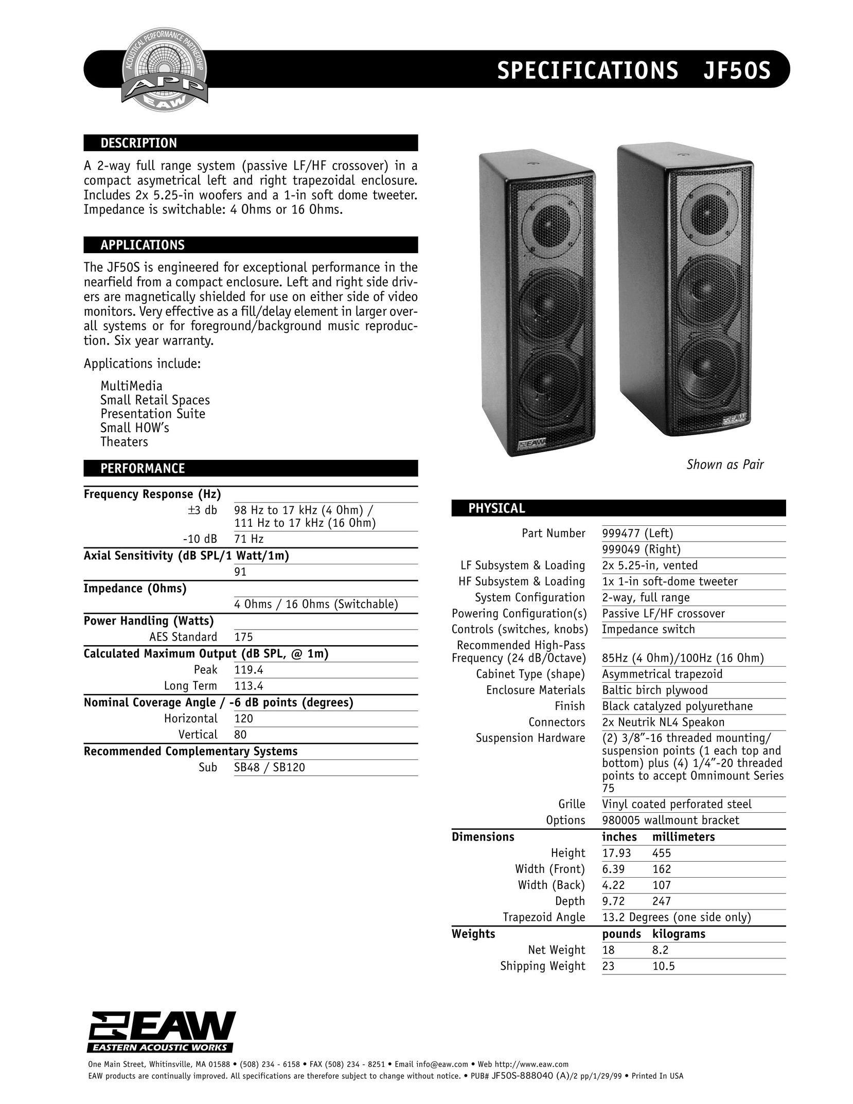 EAW JF50S Portable Speaker User Manual