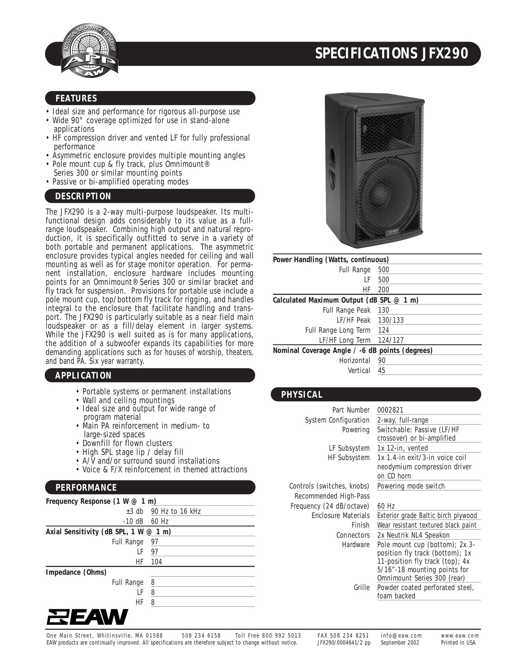 EAW JFX290 Portable Speaker User Manual