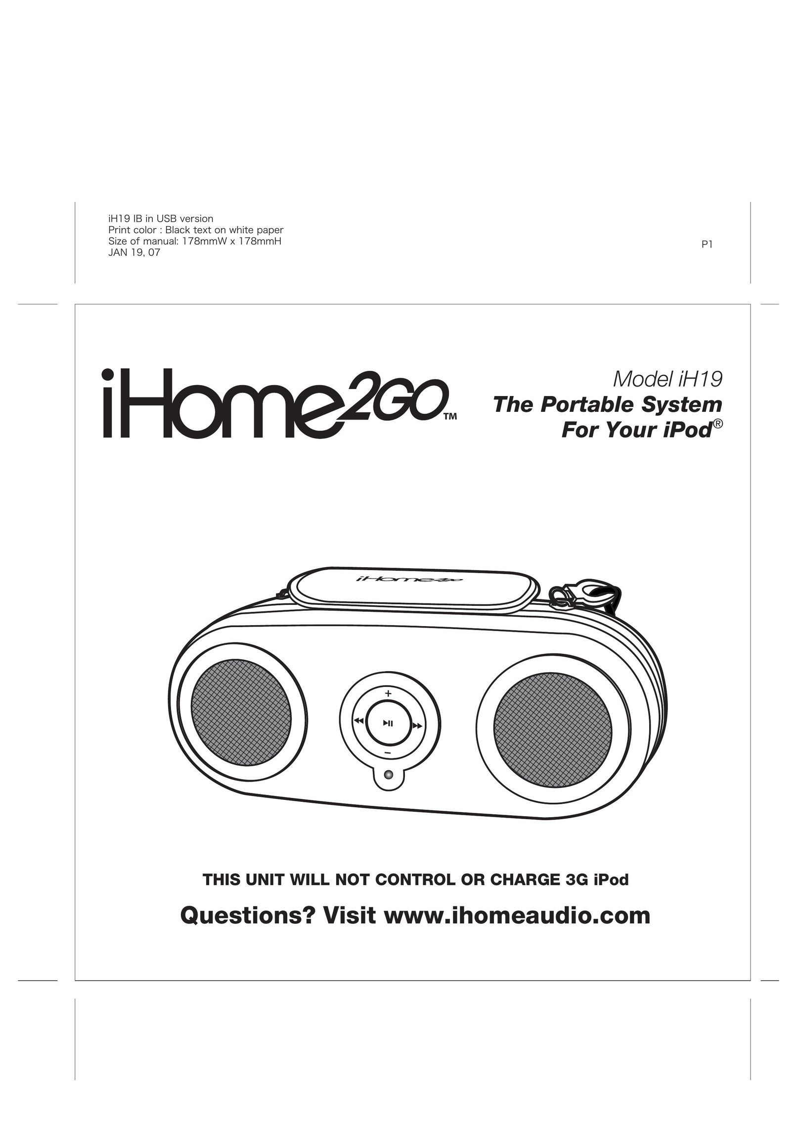 iHome iH19 Portable Speaker User Manual