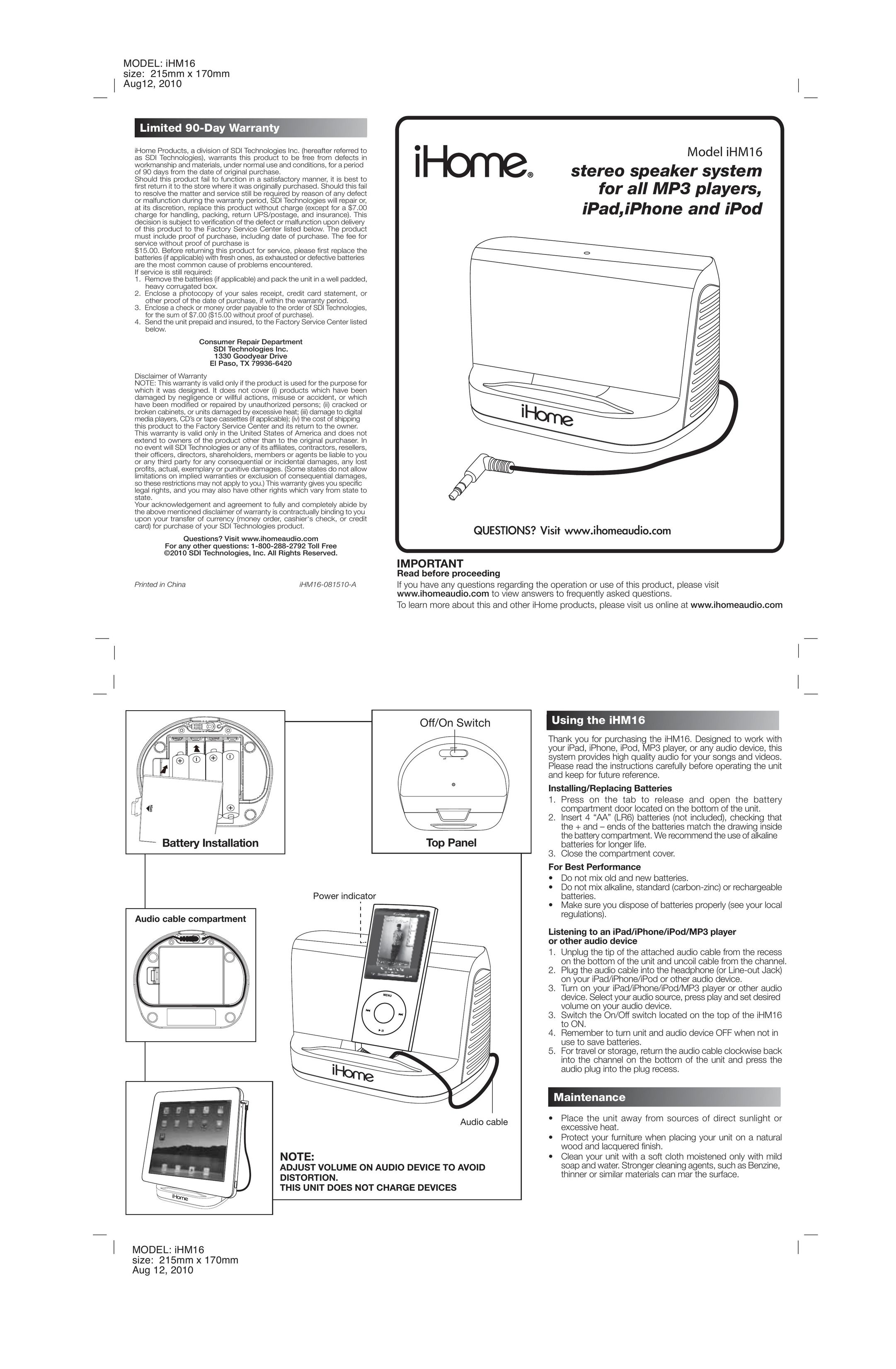iHome IHM16 Portable Speaker User Manual