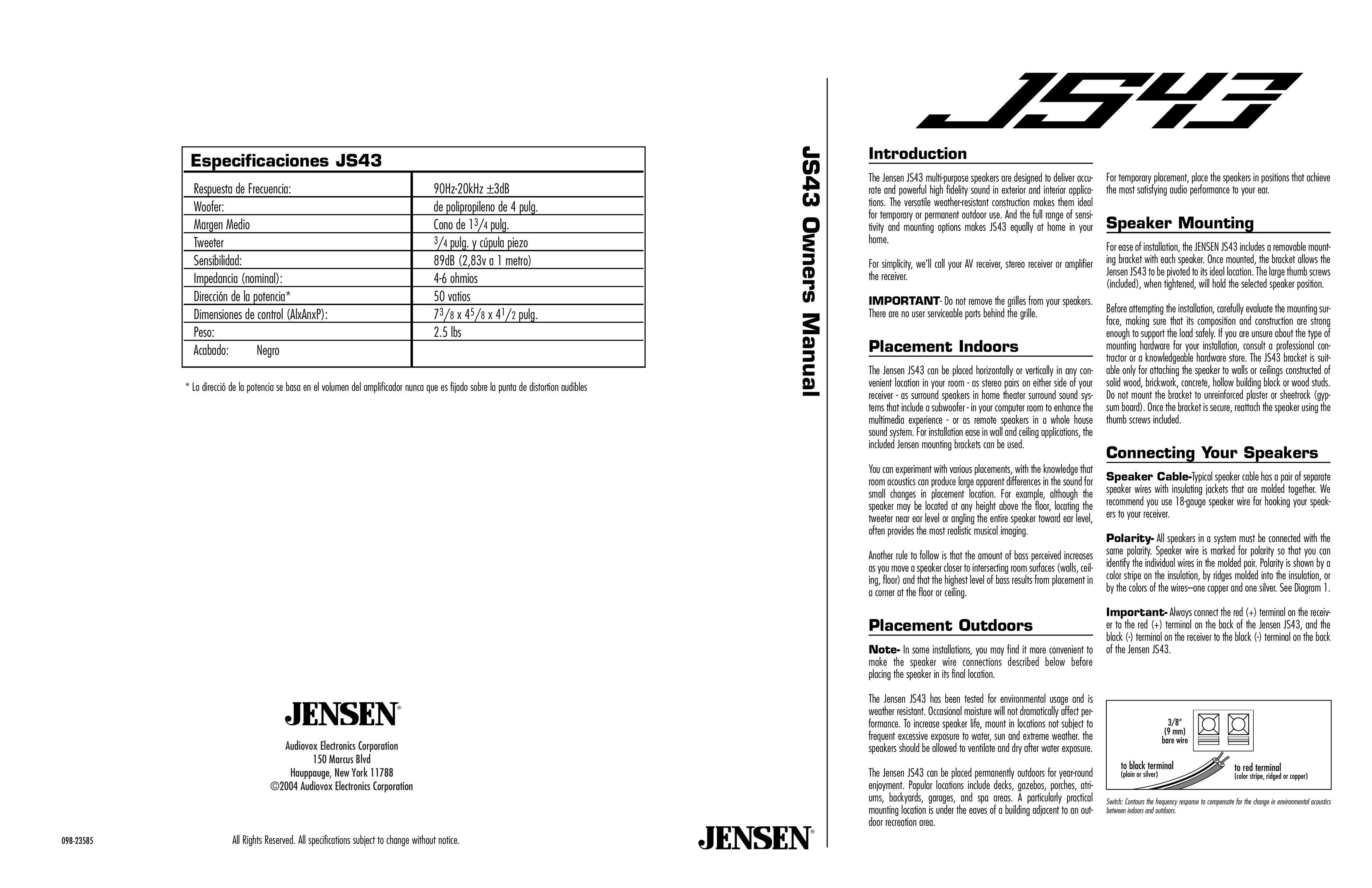 Jensen JS43 Portable Speaker User Manual