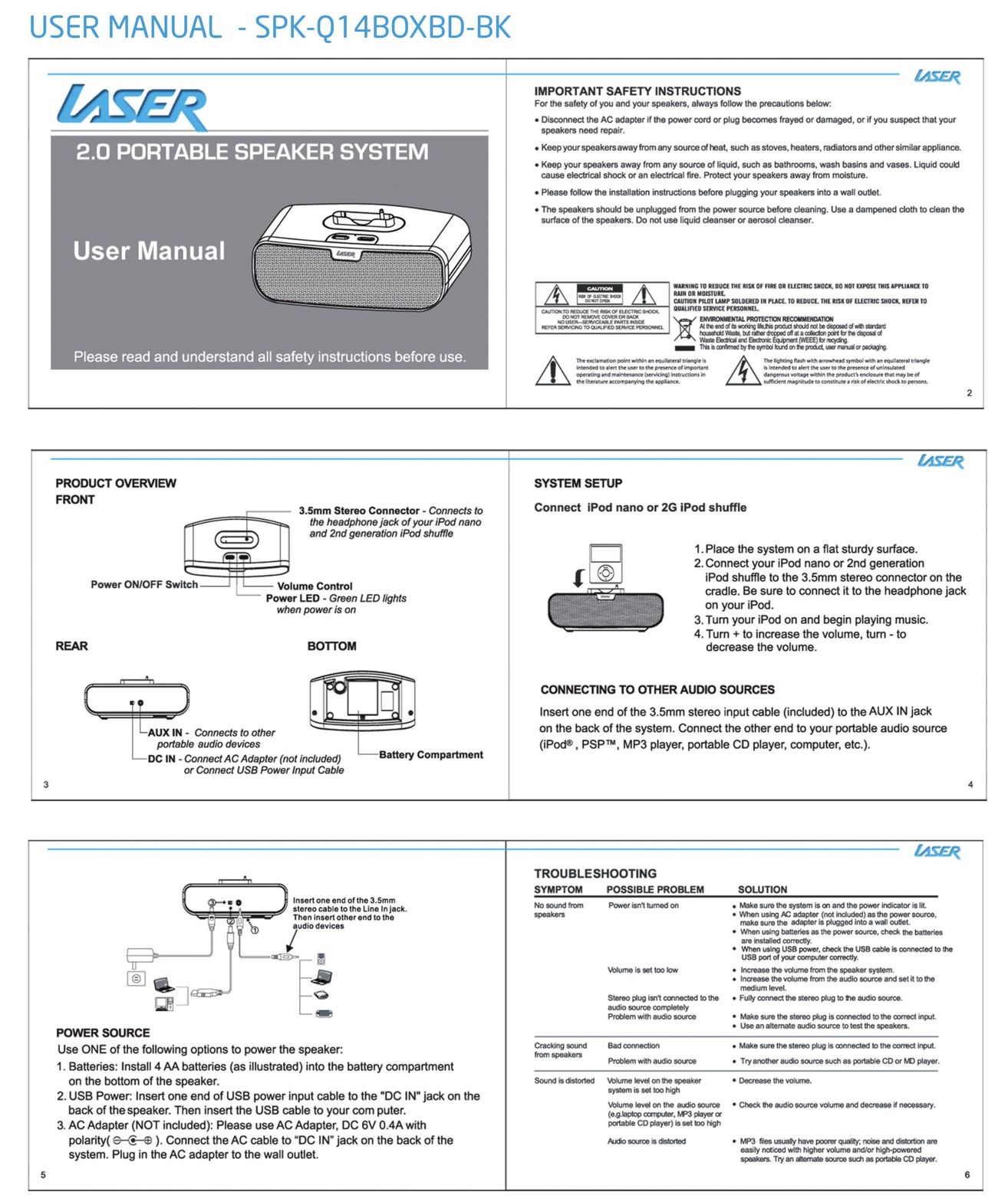 Laser SPK-Q14BOXBD-BK Portable Speaker User Manual