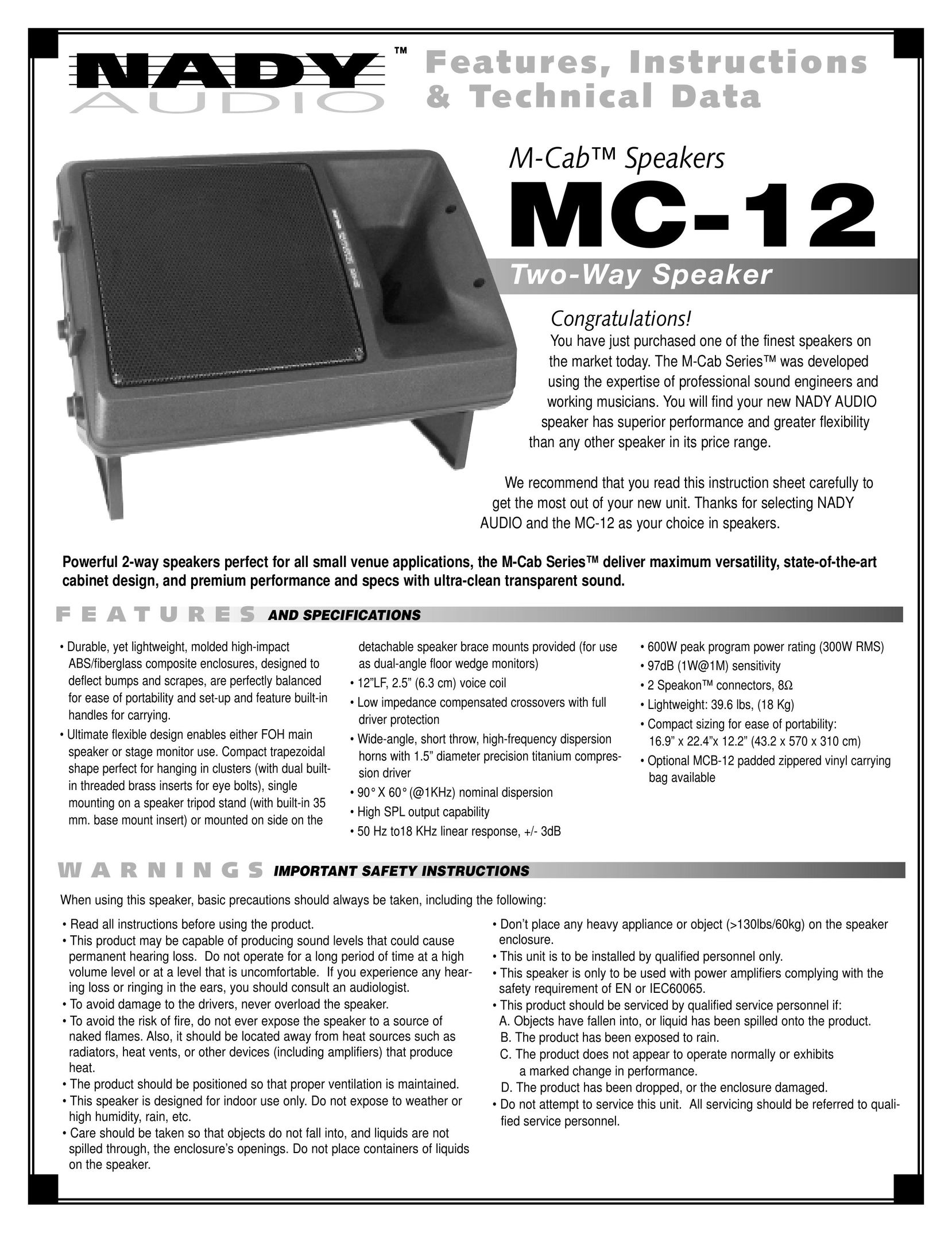 Nady Systems MC-12 Portable Speaker User Manual