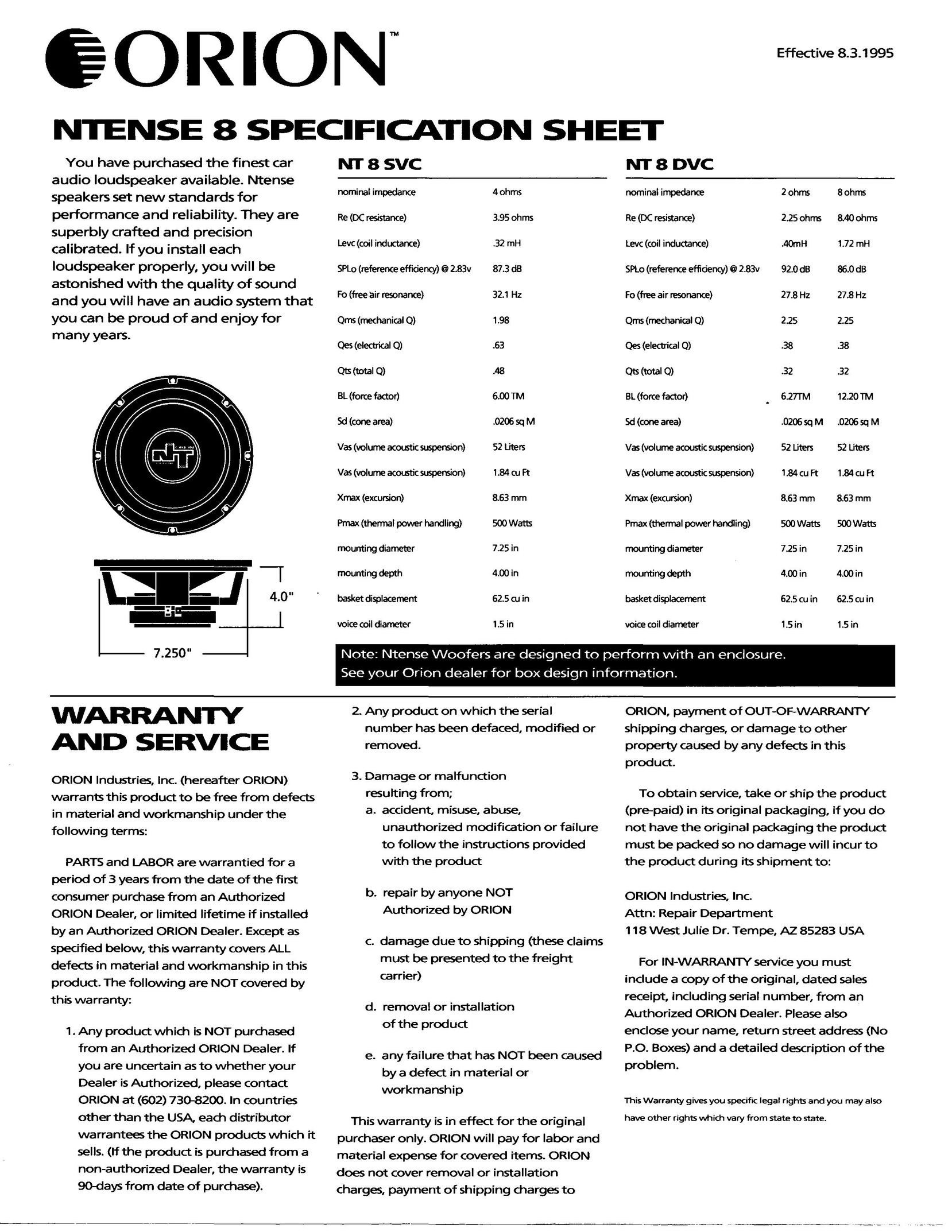 Orion Car Audio NT8 SVC Portable Speaker User Manual