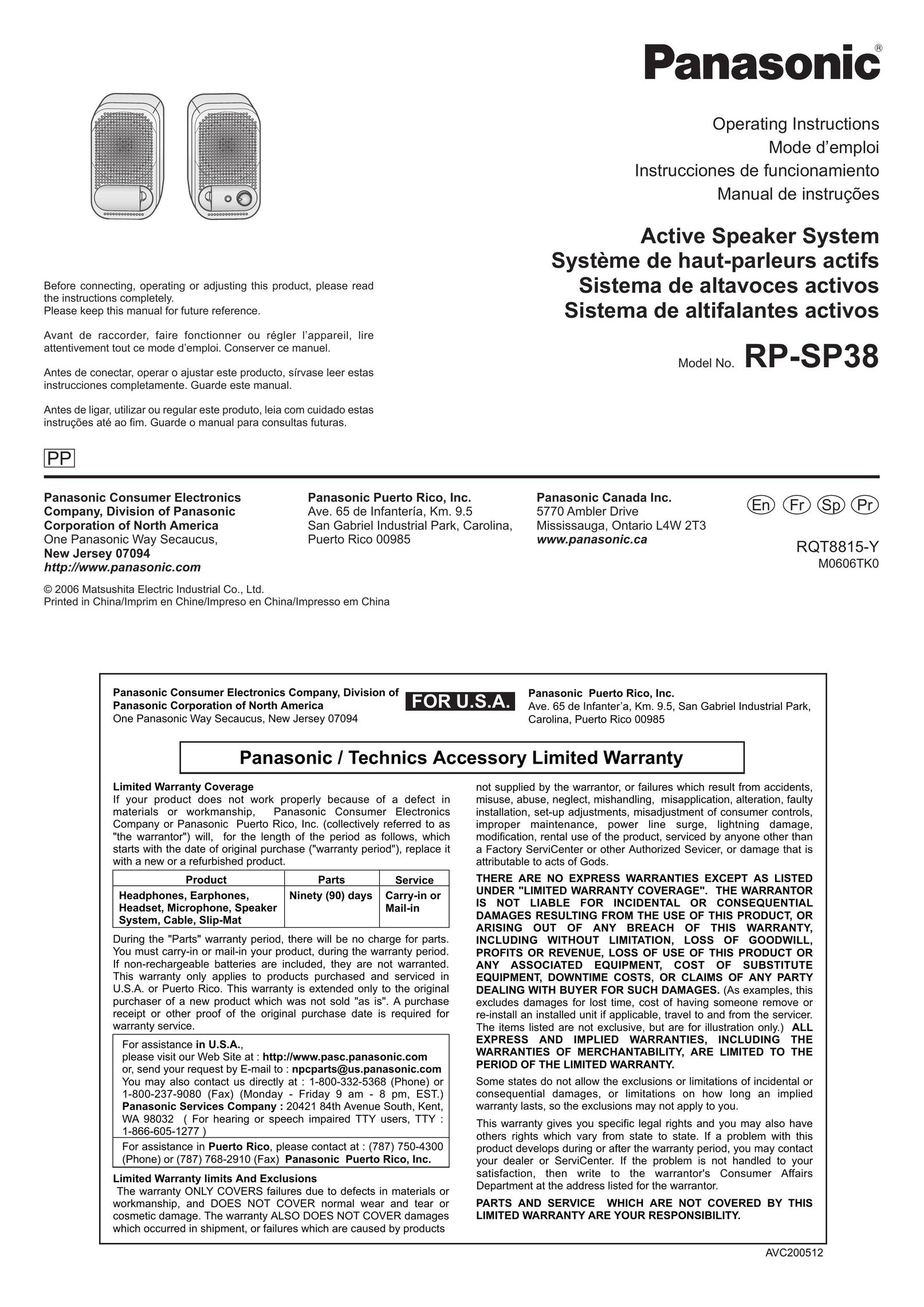 Panasonic RP-SP38 Portable Speaker User Manual