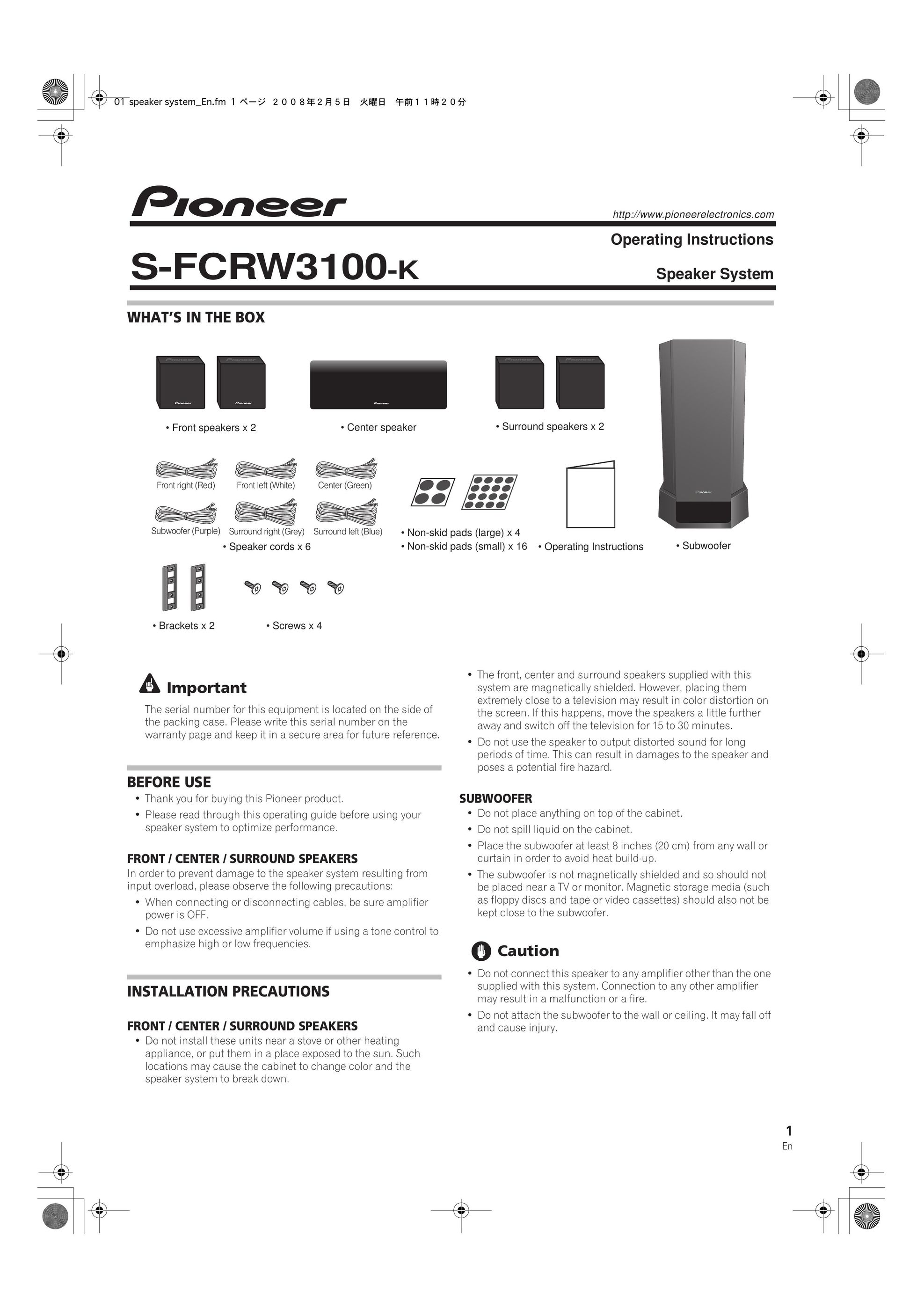 Pioneer S-FCRW3100-k Portable Speaker User Manual