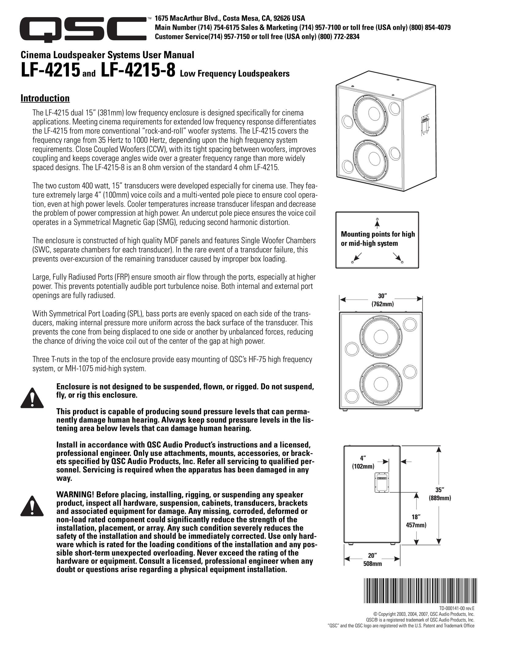 QSC Audio LF-4215 Portable Speaker User Manual