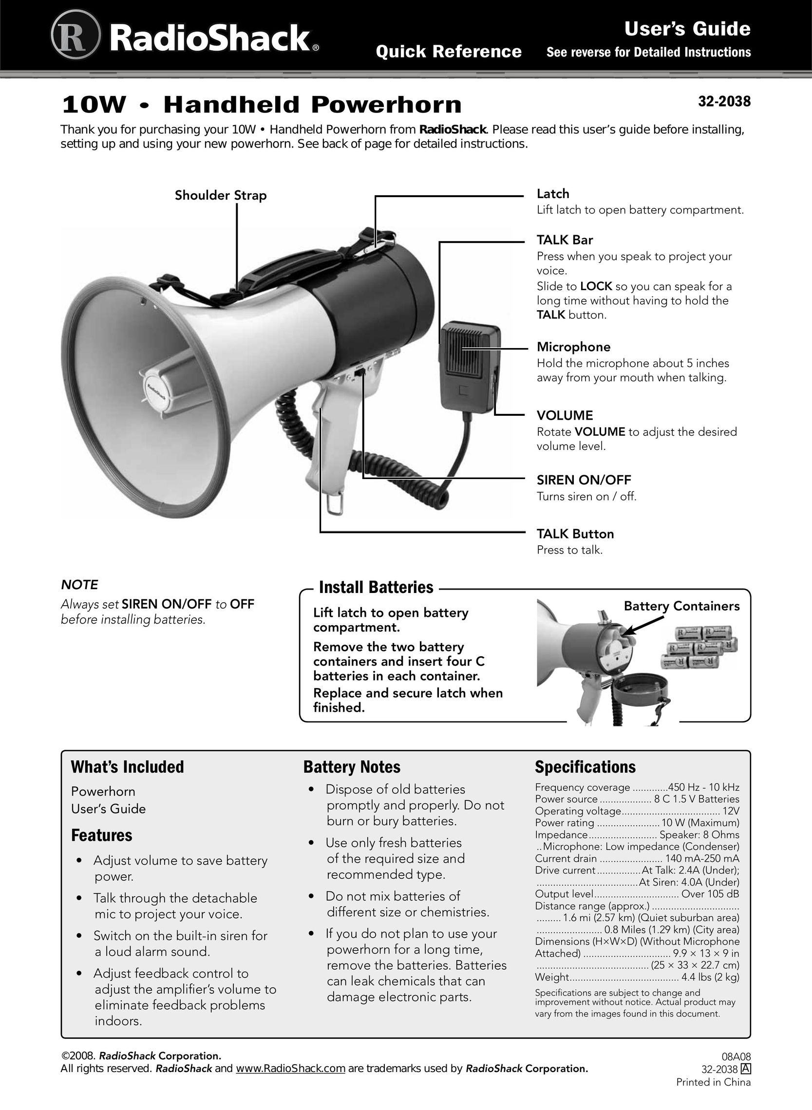 Radio Shack 32-2038 Portable Speaker User Manual