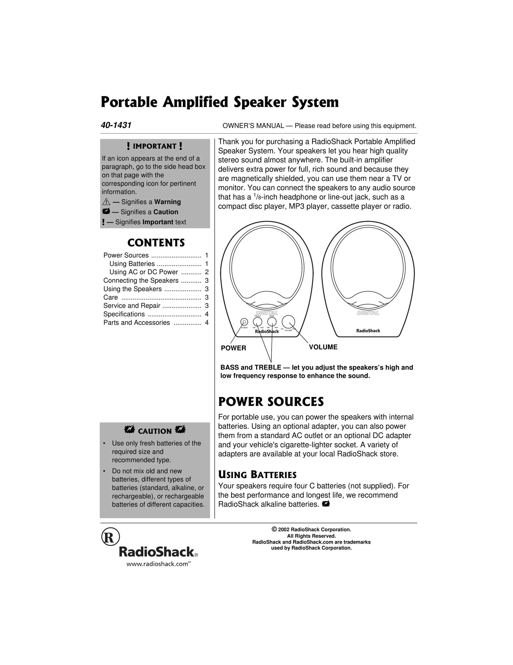 Radio Shack 40-1431 Portable Speaker User Manual