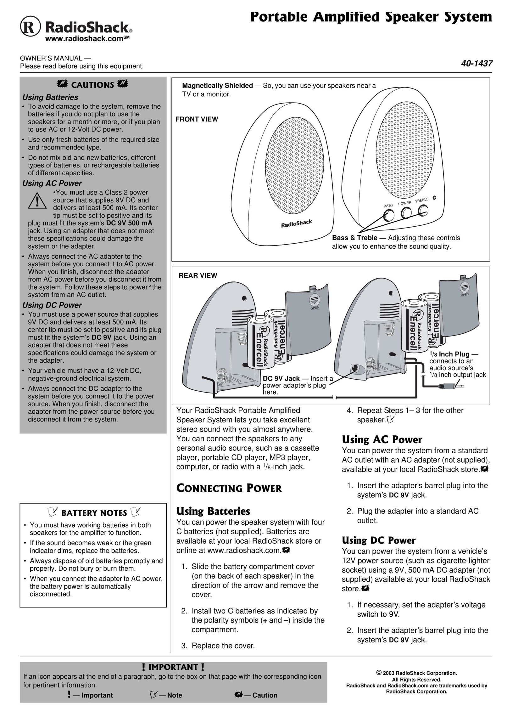 Radio Shack 40-1437 Portable Speaker User Manual