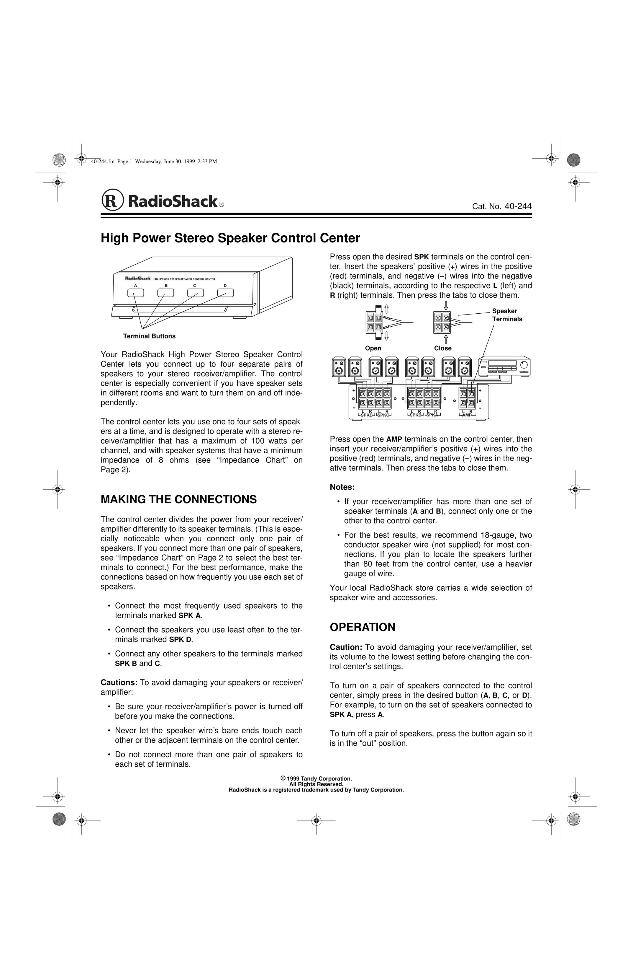 Radio Shack 40-244 Portable Speaker User Manual