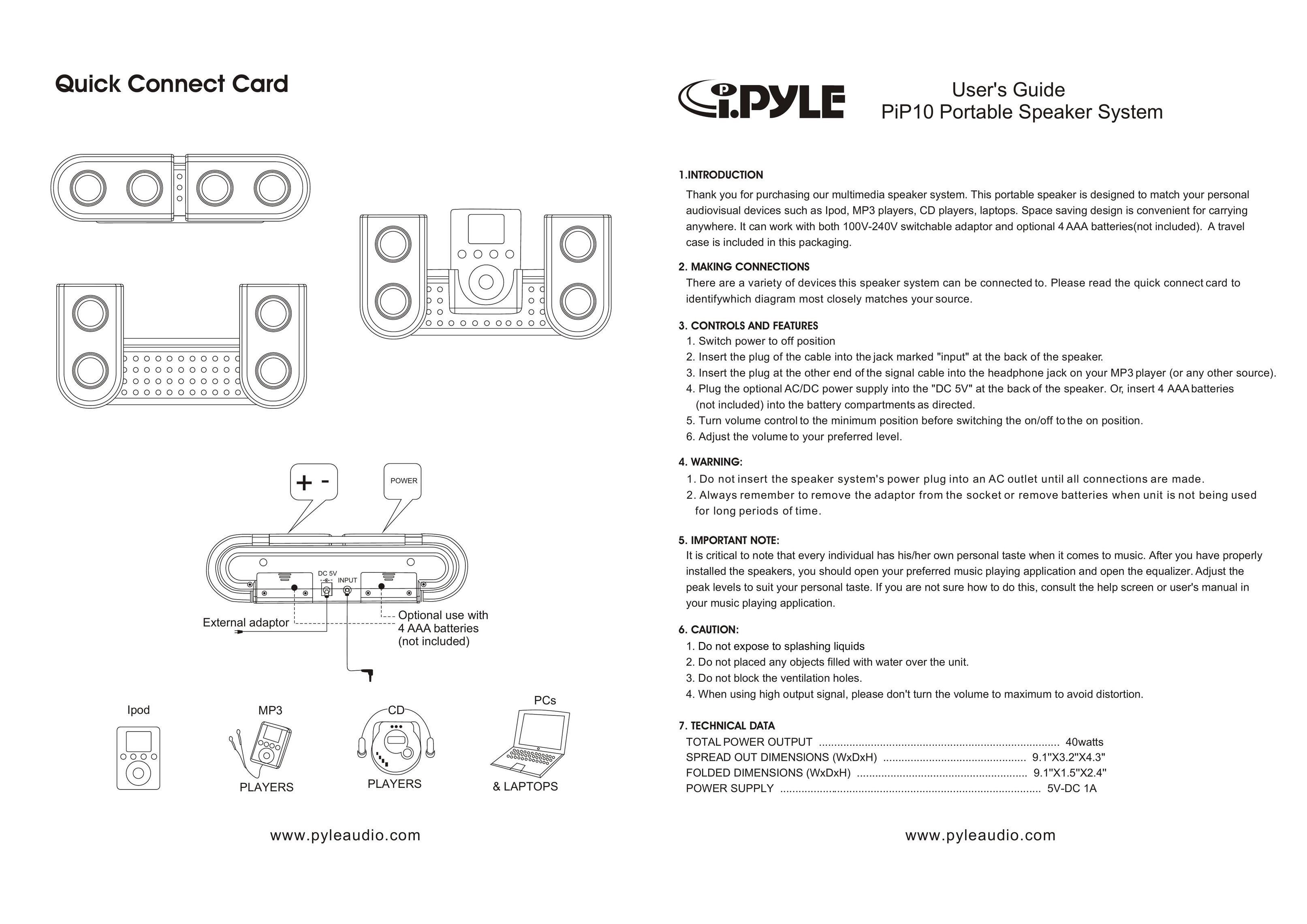 Radio Shack PIP10 Portable Speaker User Manual