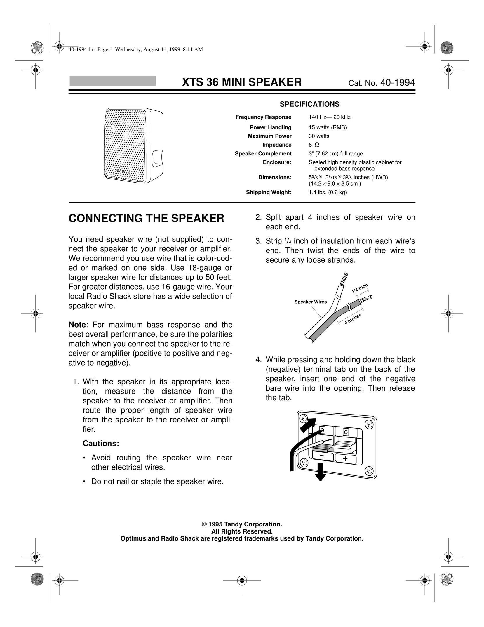 Radio Shack XTS 36 Portable Speaker User Manual
