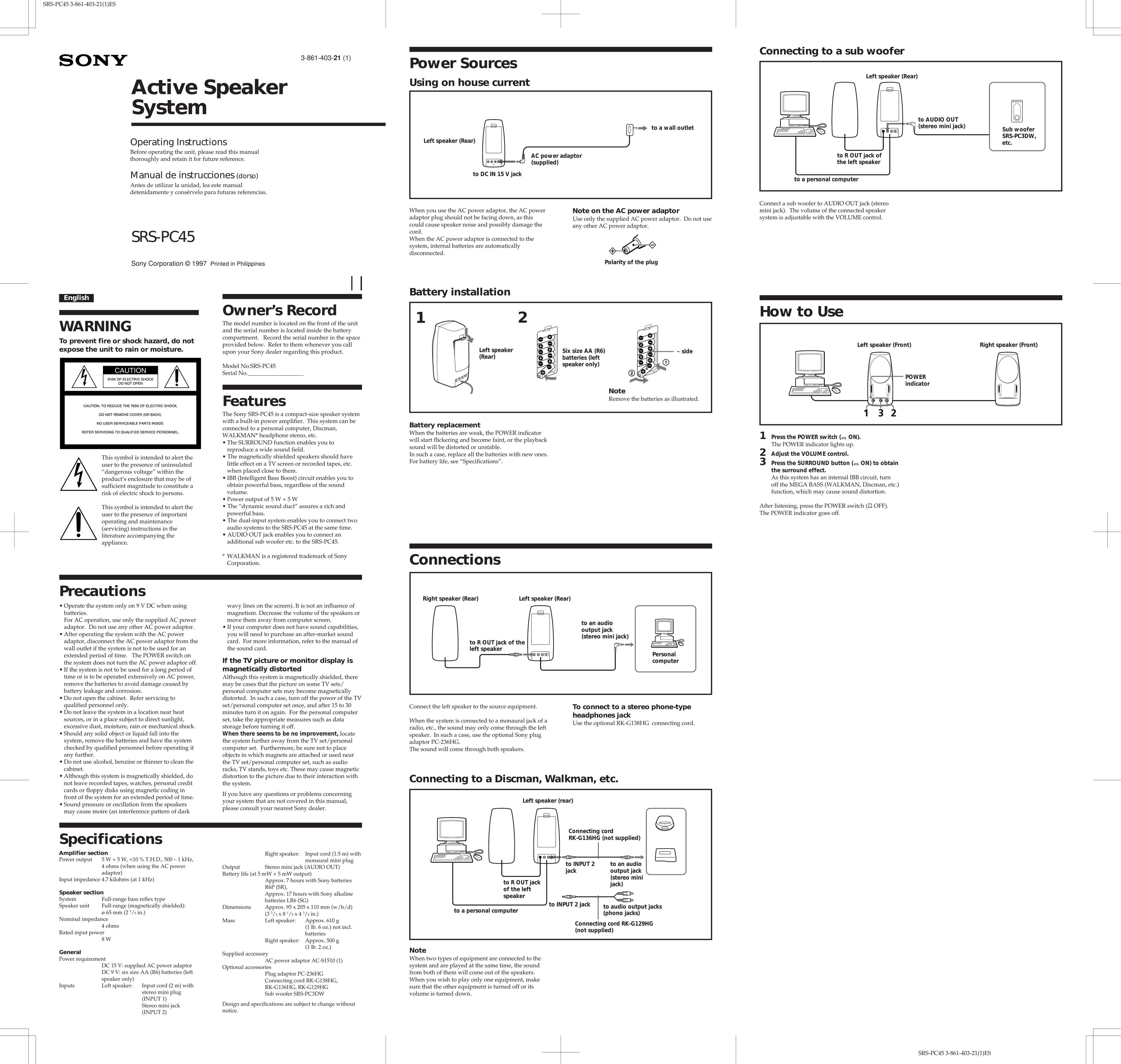 Sony SRS-PC45 Portable Speaker User Manual